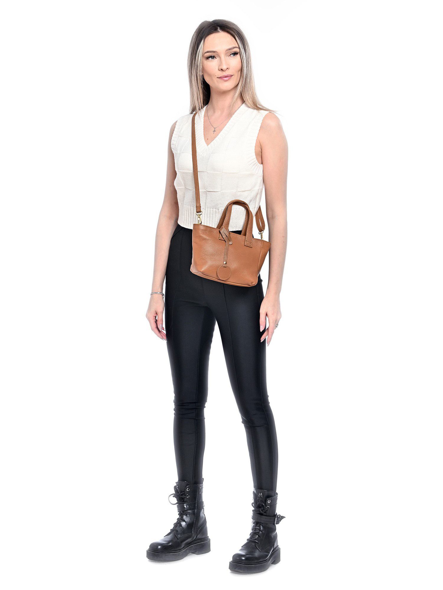 Renata Corsi Umhängetasche, Elegante 100% Leder Handtasche in Cognac mit Rückentasche