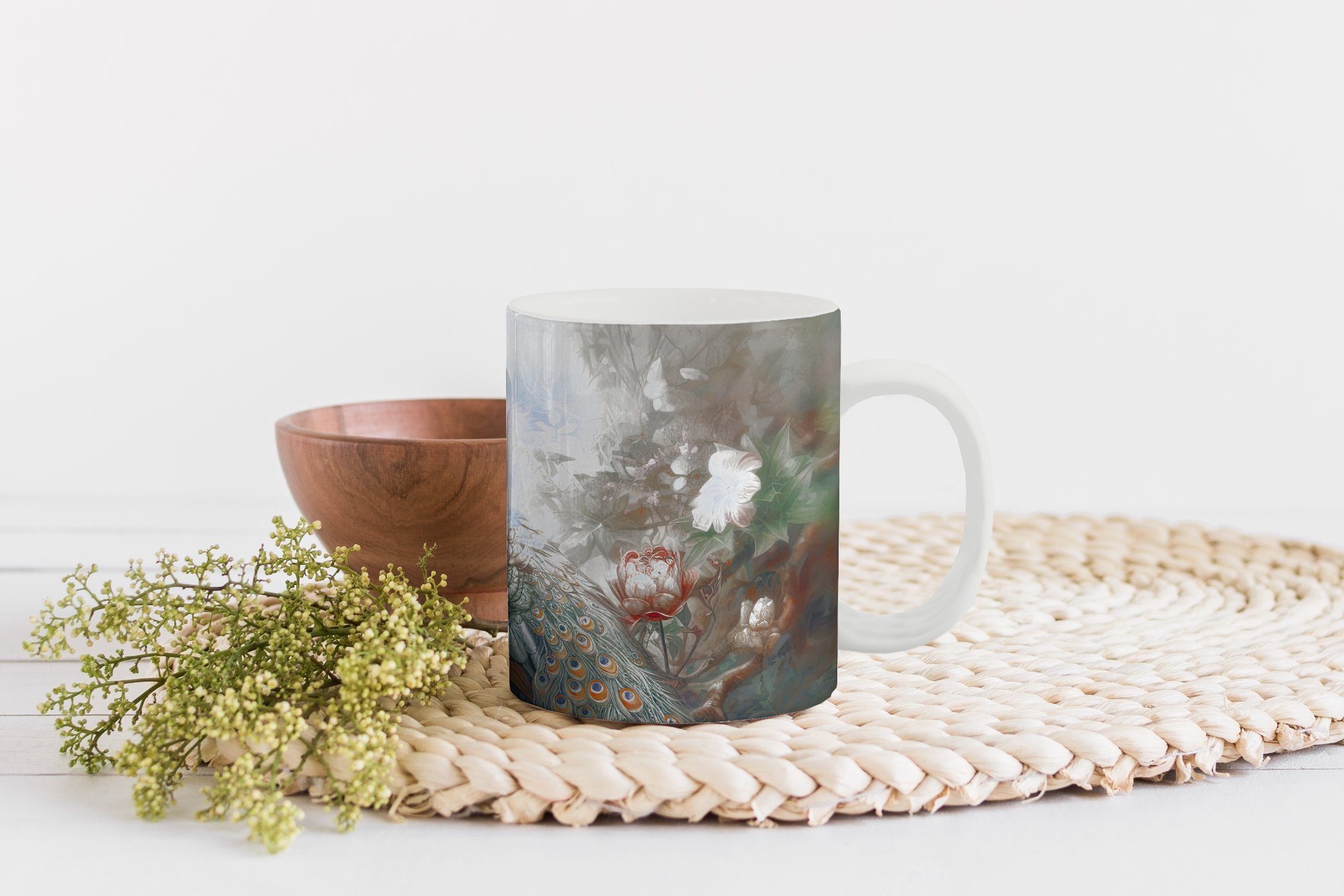 MuchoWow Tasse Pfau - - - Becher, Dschungel Teetasse, Blumen, Teetasse, Pfauenfedern - Vogel Keramik, Kaffeetassen, Geschenk