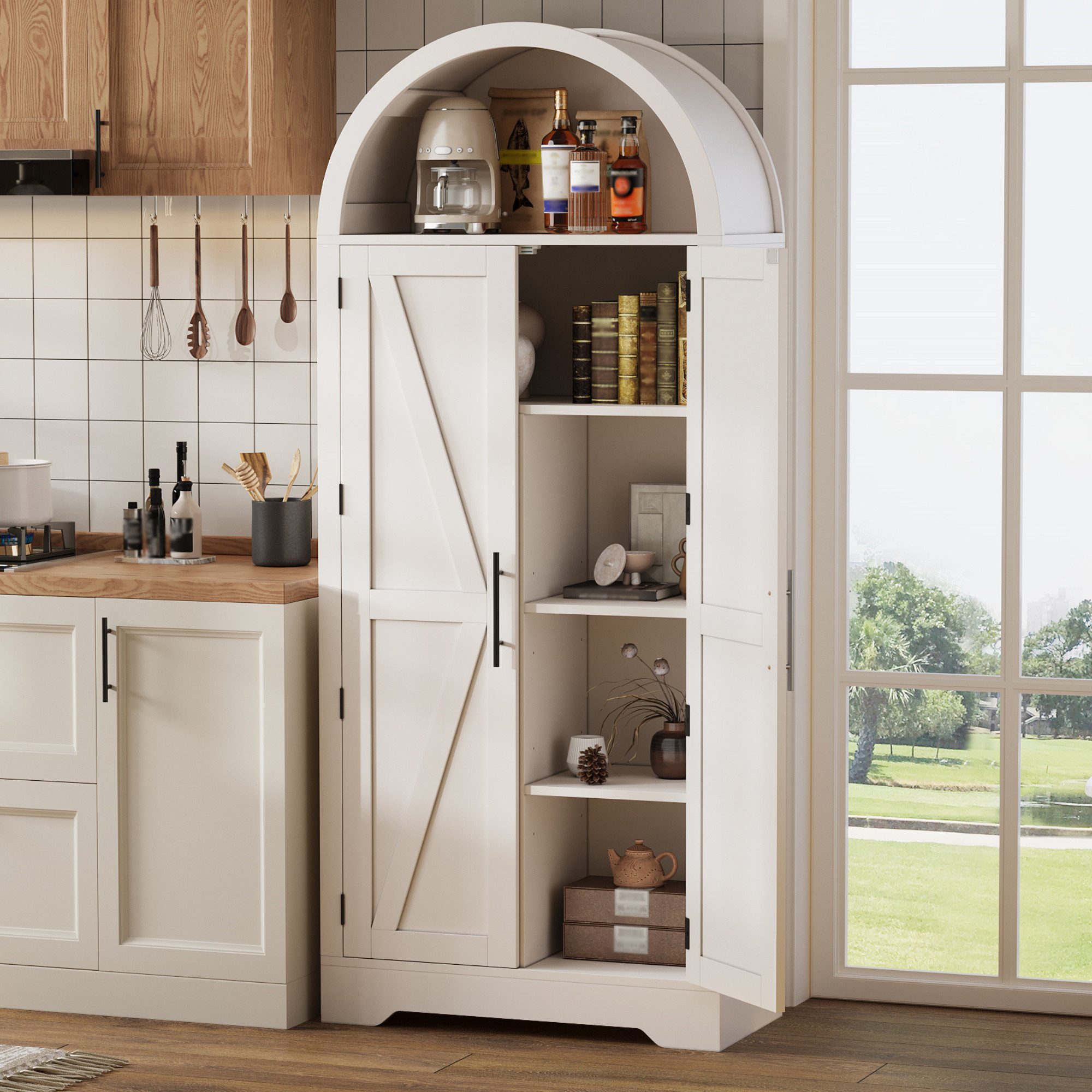 Flieks Hochschrank mit verstellbarer Einlegeböden und offenem Oberfach in Landhausstil (170×70×35 cm, 1-St) gewölbter Mehrzweckschrank Küchenschrank Highboard Küchenbuffet Weiß