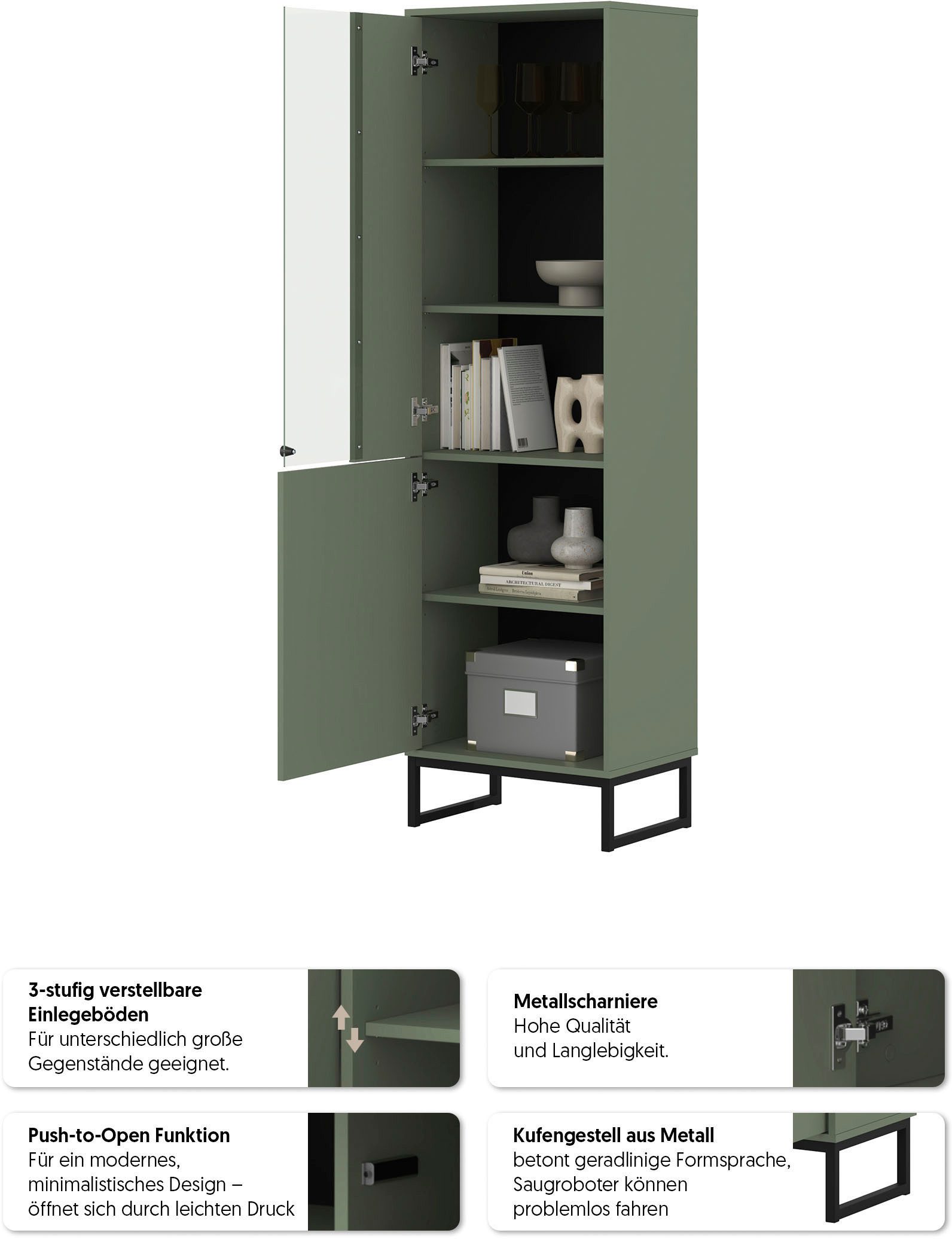 OTTO home Vitrine Loft, Höhe 180 cm, moderne Standvitrine mit 2 Türen, Metallkufen Hochschrank mit viel Stauraum, Glastür und verstellbaren Einlegeböden