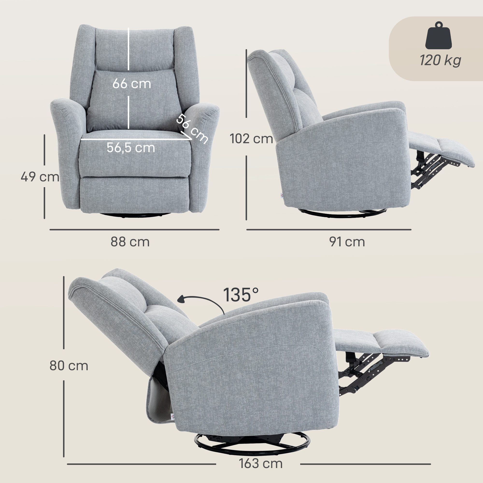 HOMCOM Relaxsessel Ruhesessel mit Schaukel- und Liegefunktion (TV Sessel, 1-St., 360° Drehbarer Liegesessel), für Wohnzimmer, Schlafzimmer, Heimkino, Hellgrau