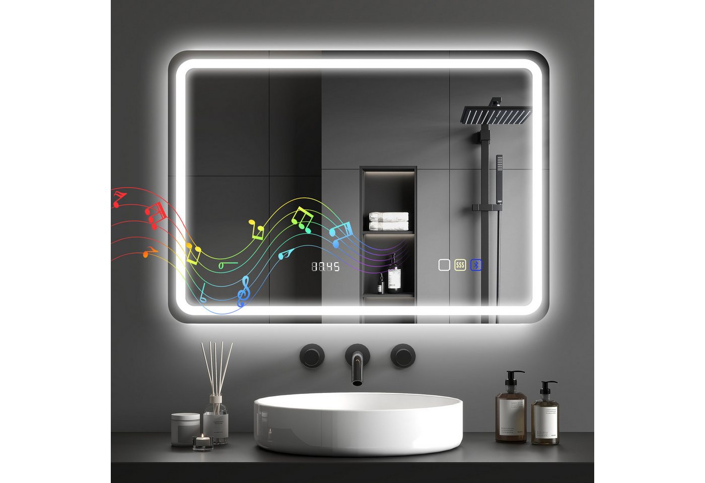 BAYMATE Badspiegel Bluetooth-Badezimmerspiegel mit LED-Beleuchtung, 50 x 70 cm (beleuchteter Wandspiegel mit Uhr, beschlagfrei, silber)
