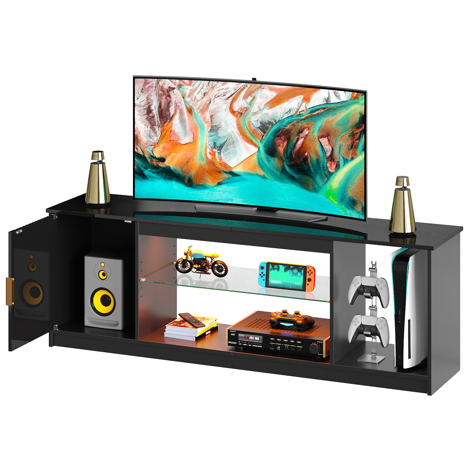 Bestier TV-Schrank Lowboard für 65 Zoll & kleinere TVs, 144.8 x 35 x 52 cm, (Fernsehschrank mit RGB-LED-Leuchten) Fernsehtisch mit verstellbaren Glasböden für Wohnzimmer, Schwarze