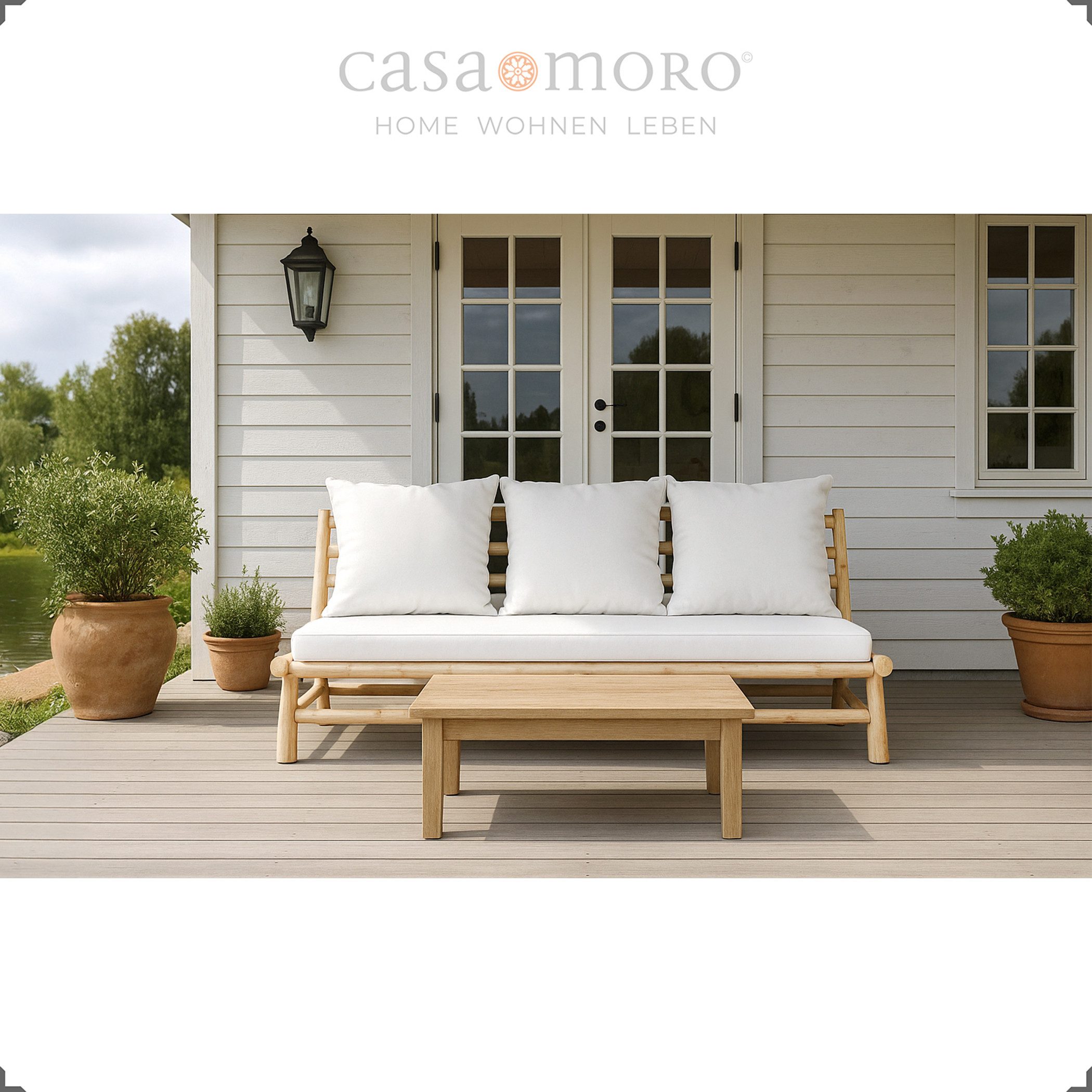 Casa Moro Gartensofa 3 Sitzer Sofa Teak Holz 3er Loungesofa Outdoor Indoor & Outdoor, aus naturbelassenen, massiven Teakholz-Ästen handgefertigt
