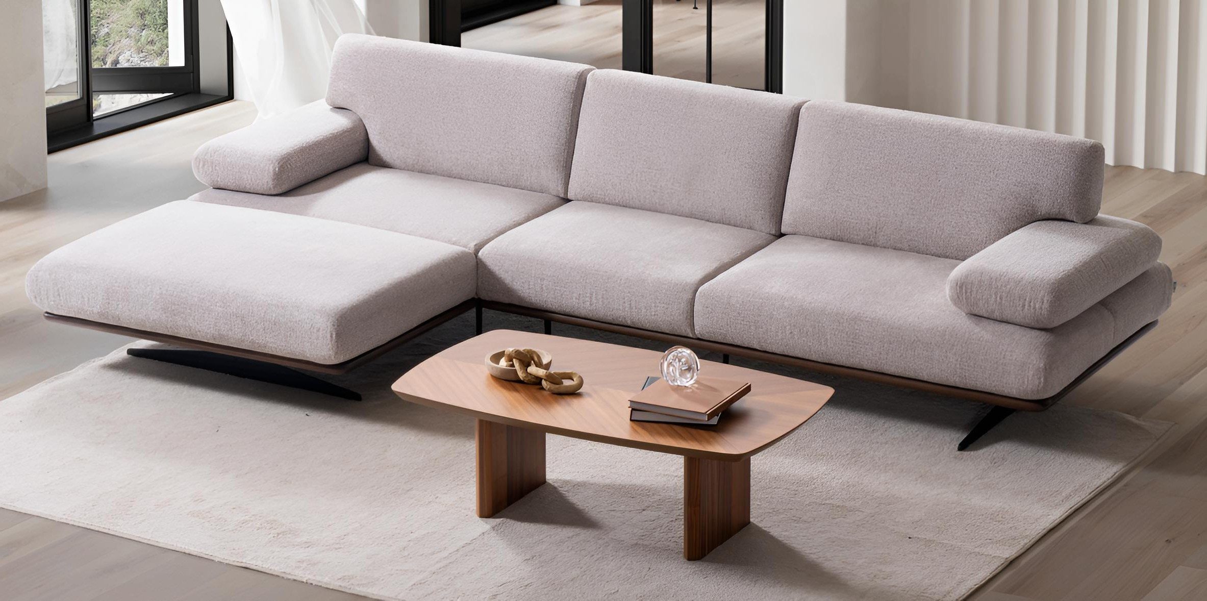 Xlmoebel Ecksofa Moderne Hellbeige L-Form Polstersofa mit Holz Couchtisch 2tlg, 2 Teile, Made in Europa, Eckcouch