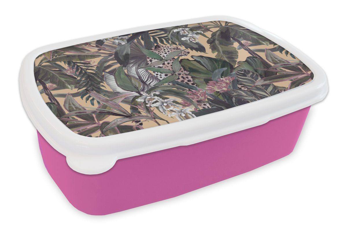MuchoWow Lunchbox Vintage - Dschungel - Panther - Muster, Kunststoff, (2-tlg), Brotbox für Erwachsene, Brotdose Kinder, Snackbox, Mädchen, Kunststoff rosa
