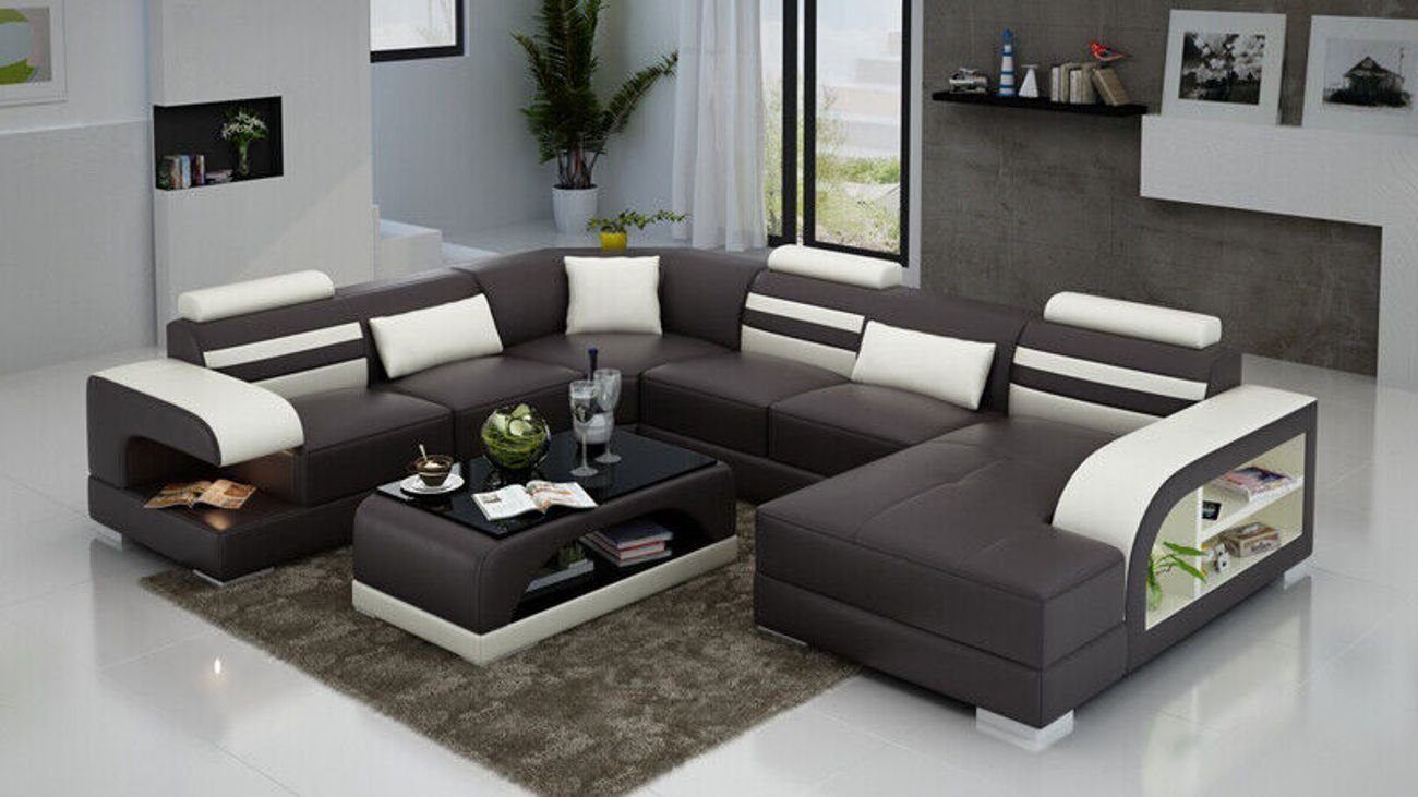 Sofa+USB JVmoebel Ecksofa Ecksofa Couch Eck Ledersofa Modern Garnitur Wohnlandschaft