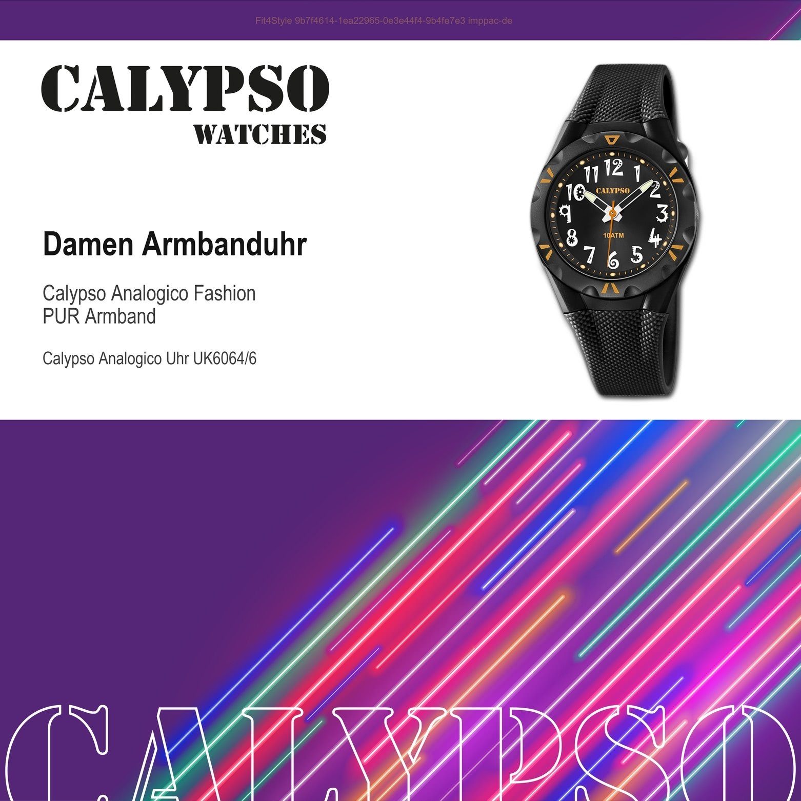 K6064/6 Damen CALYPSO PURarmband schwarz, WATCHES rund, Calypso Fashion Quarzuhr Kunststoffband, Damen Uhr Armbanduhr