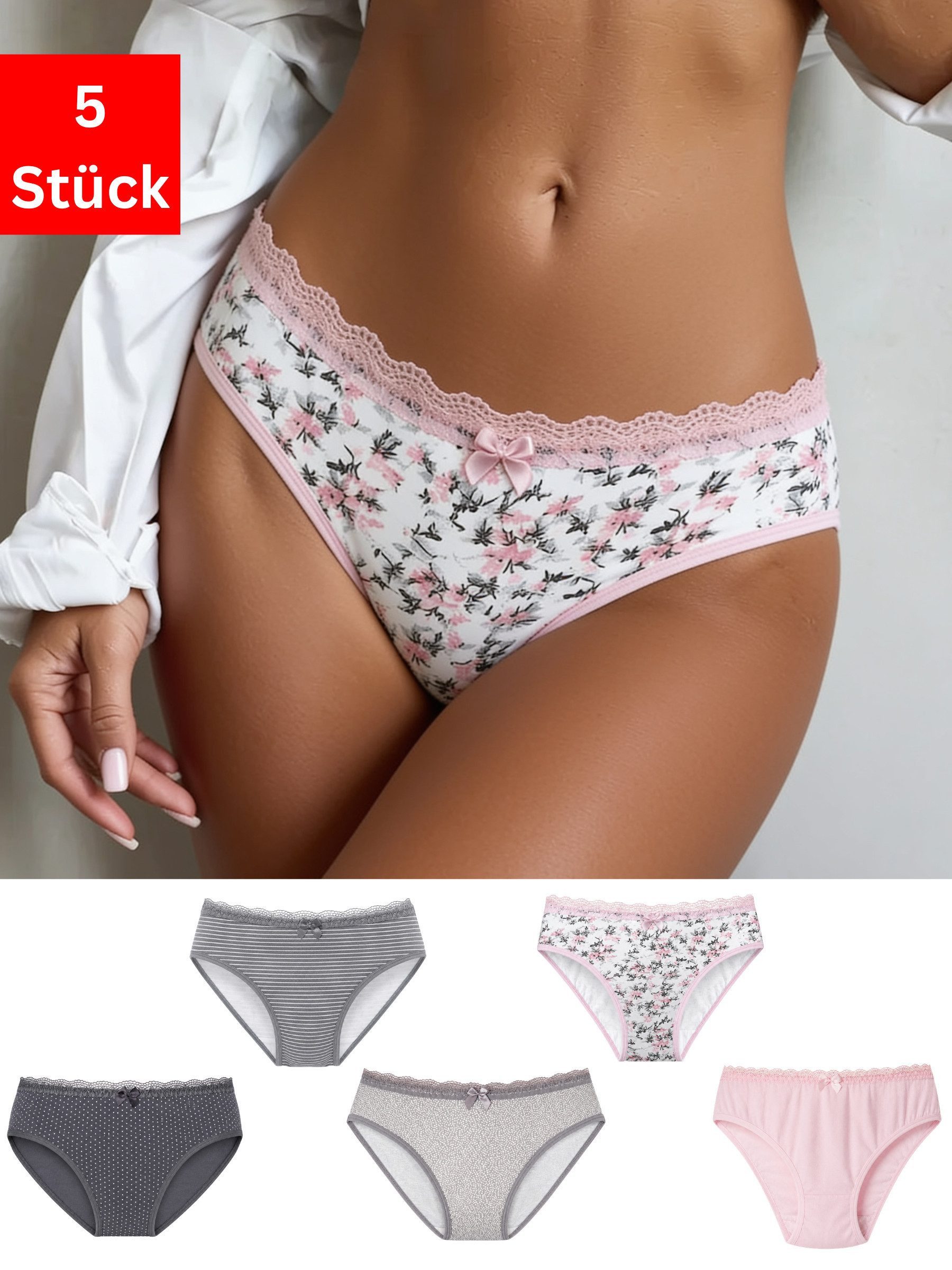 Elegant Love Hipster Damen Slips – Bequeme Unterwäsche Panties mit Baumwollzwickel (Packung, 5-St., 5er-Pack) Weiche Basic-Unterhose aus Baumwolle mit Spitze & Schleife