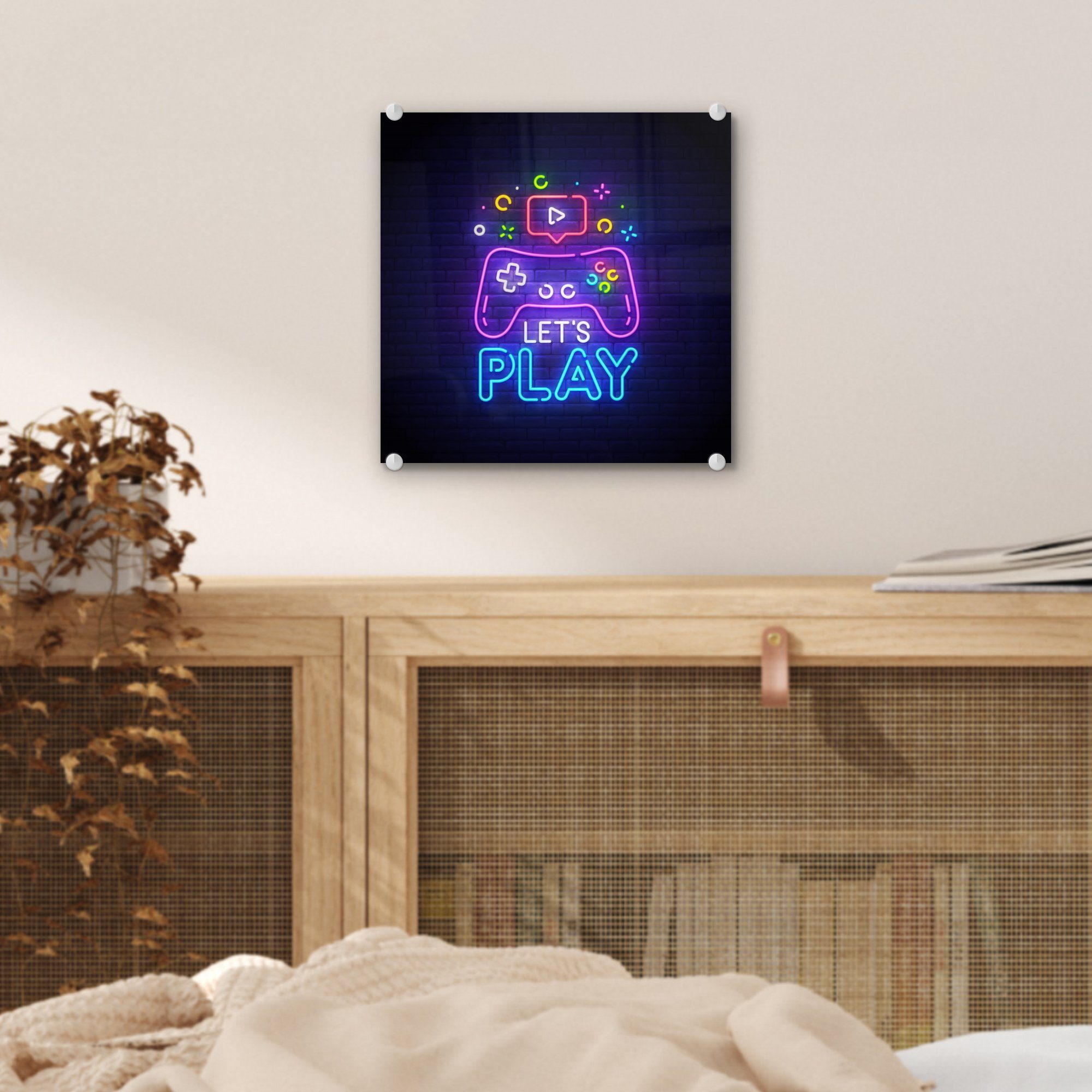 MuchoWow - Bilder (1 Play - bunt - - St), Glasbilder Spiele Neon - Glas Controller Wanddekoration - Glas Let's Acrylglasbild auf Foto - Zitate, Wandbild auf