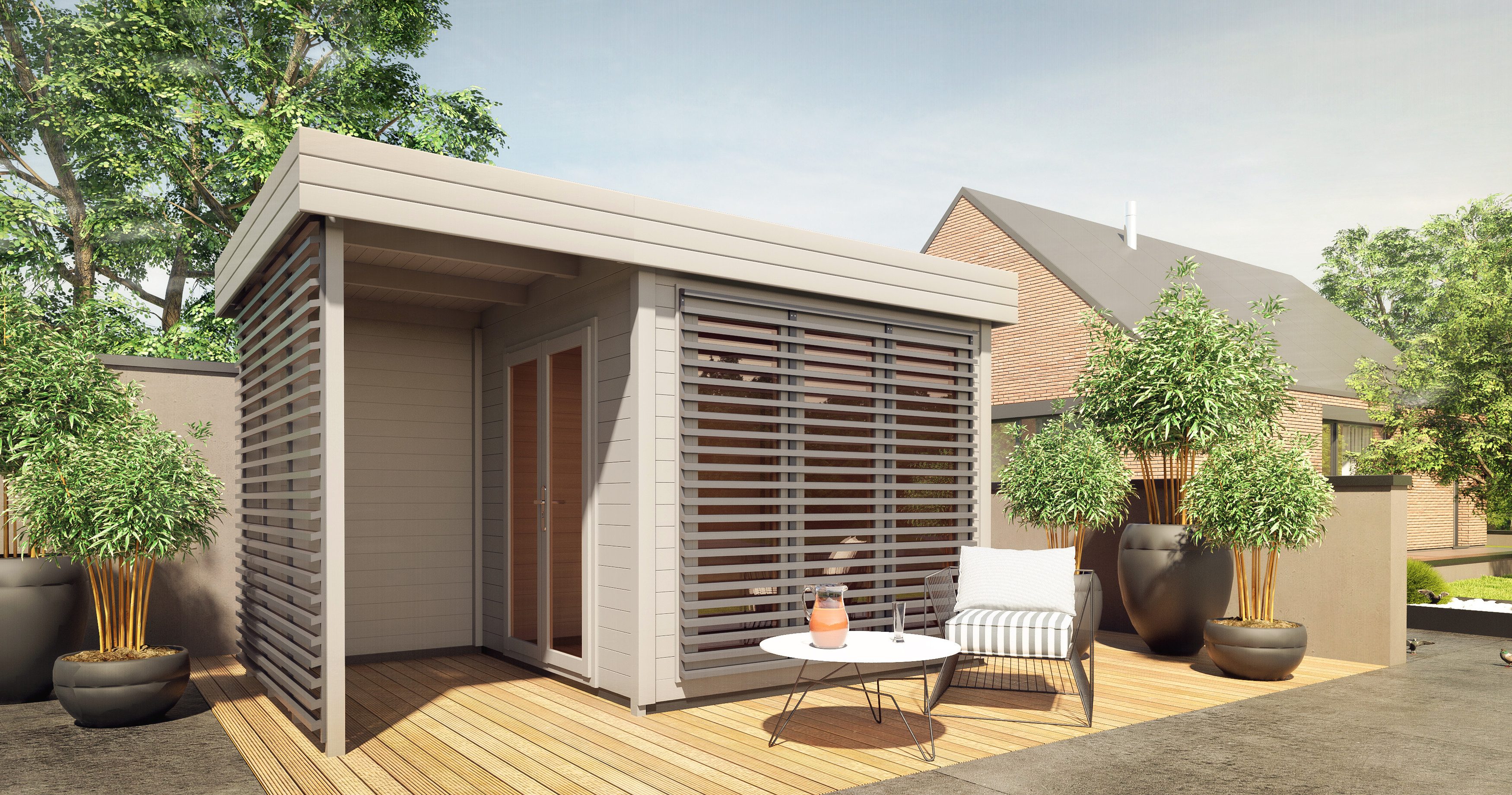 Woodtex Gartenhaus WOODTEX Gartenhaus mit Anbau Ivar 28 mm, BxT: 433x278 cm, Holz-Gartenhaus mit Fußboden, wetterfest & witterungsbeständig