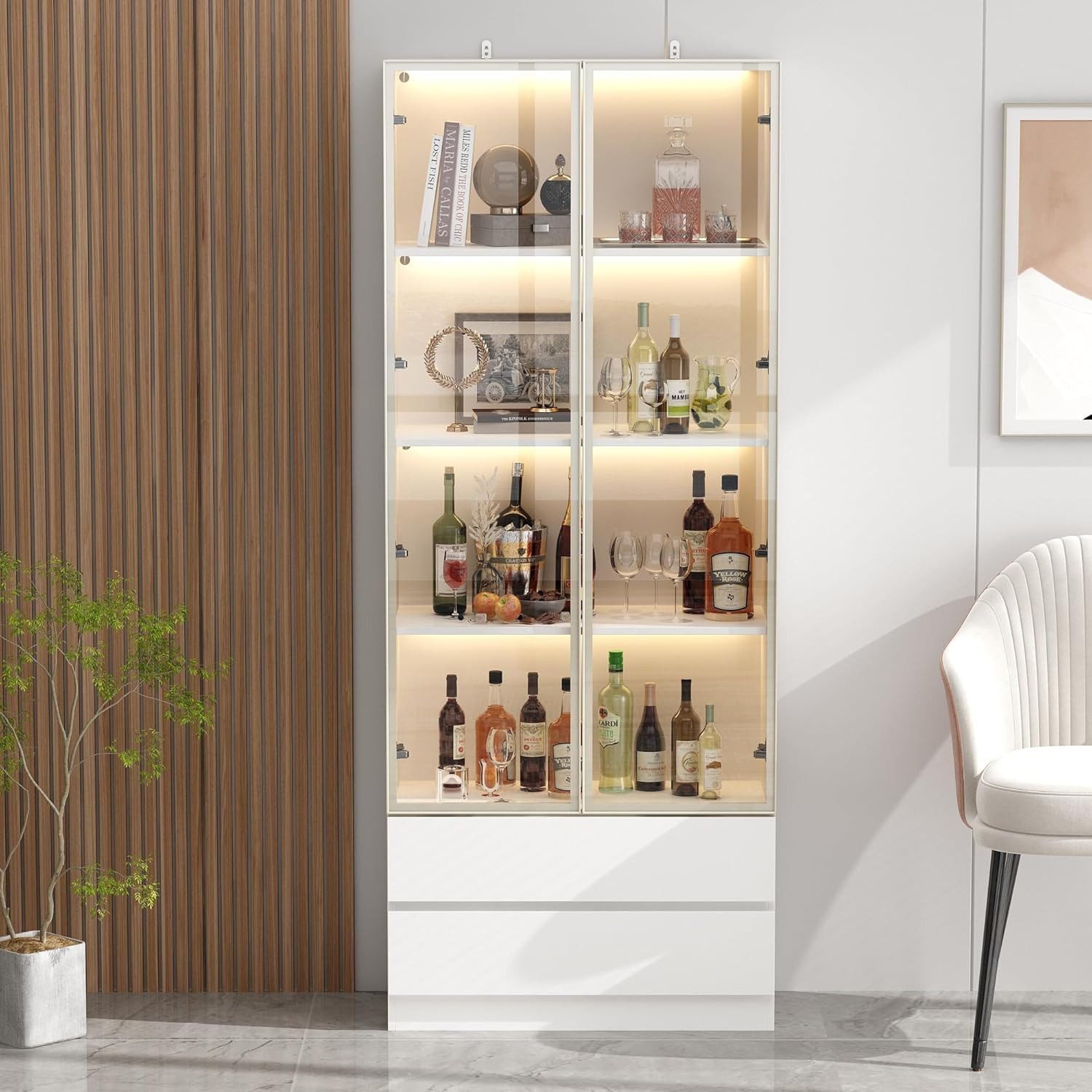 FUFU&GAGA Glasvitrine mit LED 200cm Vitrine Weiss Schwarz/ Weiß Glastueren Schubladen