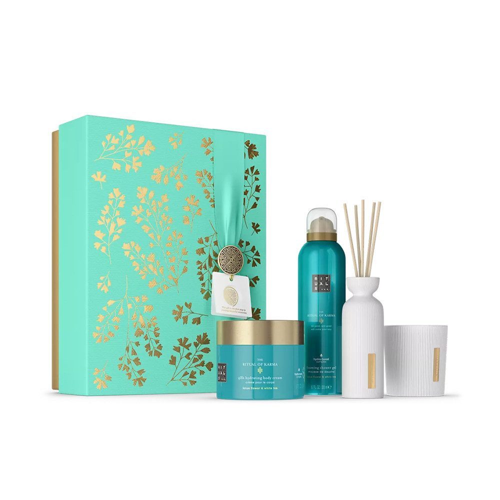 Rituals Pflege-Geschenkset Luxus-Pflegeset Limited Edition Geschenkset Karma L 2025, 4-tlg., 4-teiliges Pflegeset mit Duschschaum, Creme, Kerze & Duftstäbchen