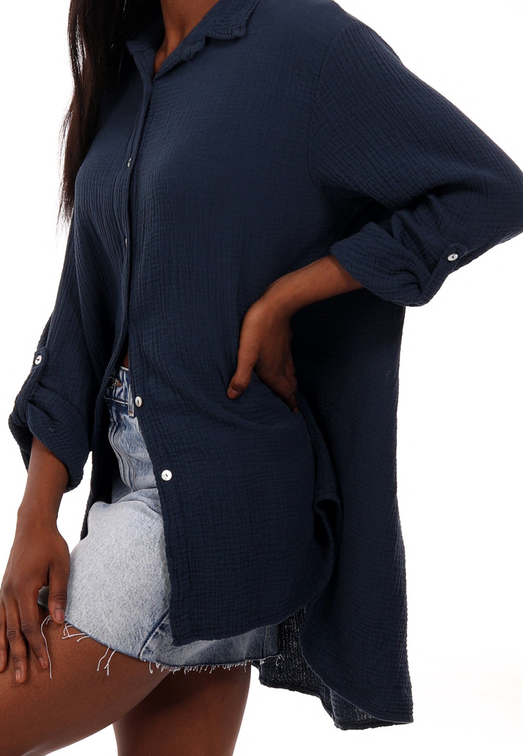 Langarm, Oversized YC Casual bluse Hemdbluse Herrlich Musselin (1-tlg) One Uni, Size & marine Style Bluse Fashion weicher Long