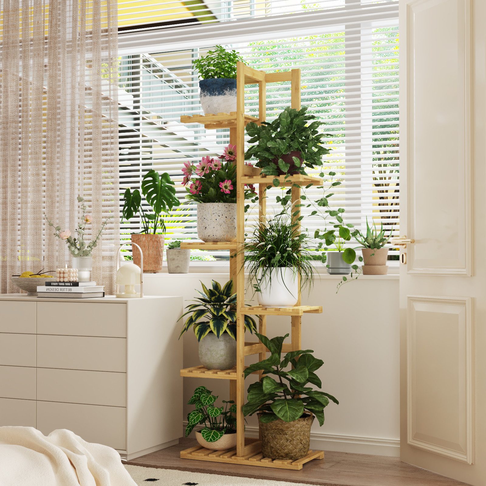 Bamworld Blumenständer Bambus-Pflanzenständer 6-stufig, 40 x 20,3 x 121,9 cm (1 St), Ideal für Terrasse, Garten, Balkon sowie Wohnzimmer & Schlafzimmer – Bild 3 von 5