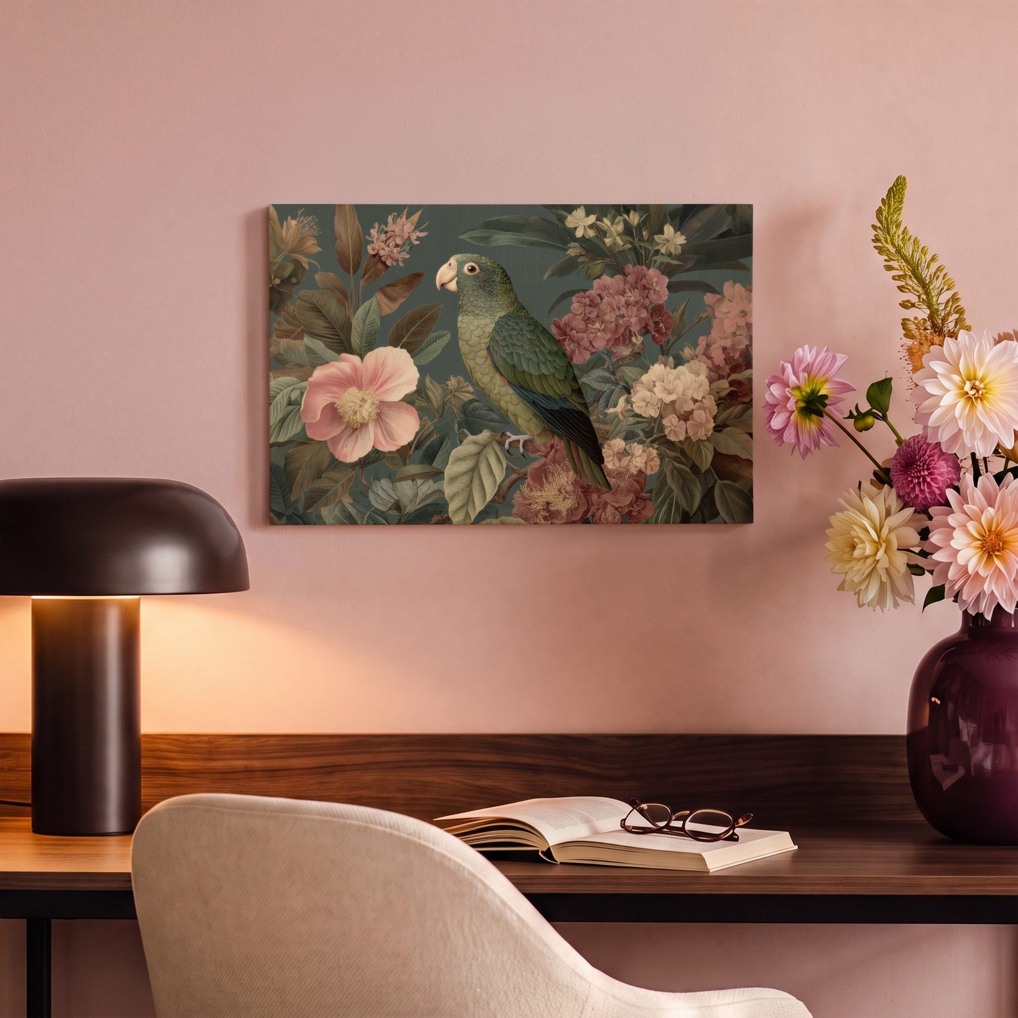 OneMillionCanvasses® Leinwandbild Grüner Papagei - Bunte Blumen - Dunkler Hintergrund, Fotodruck (1 St), Wandbild, Deko Schlafzimmer Wohnzimmer Flur 20x20 cm – Bild 4 von 5