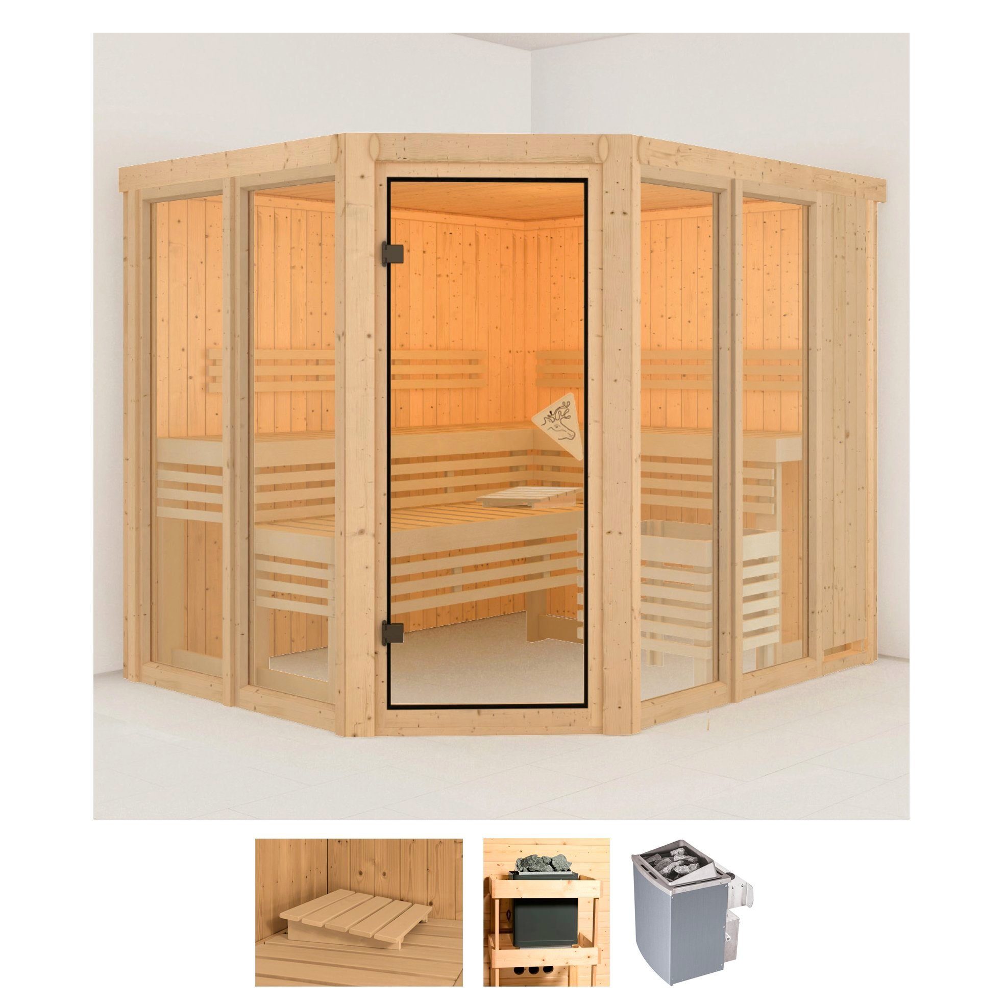 Karibu Sauna Anike 3, BxTxH: 231 x 196 x 198 cm, 68 mm, (Set) 9-kW-Ofen mit integrierter Steuerung