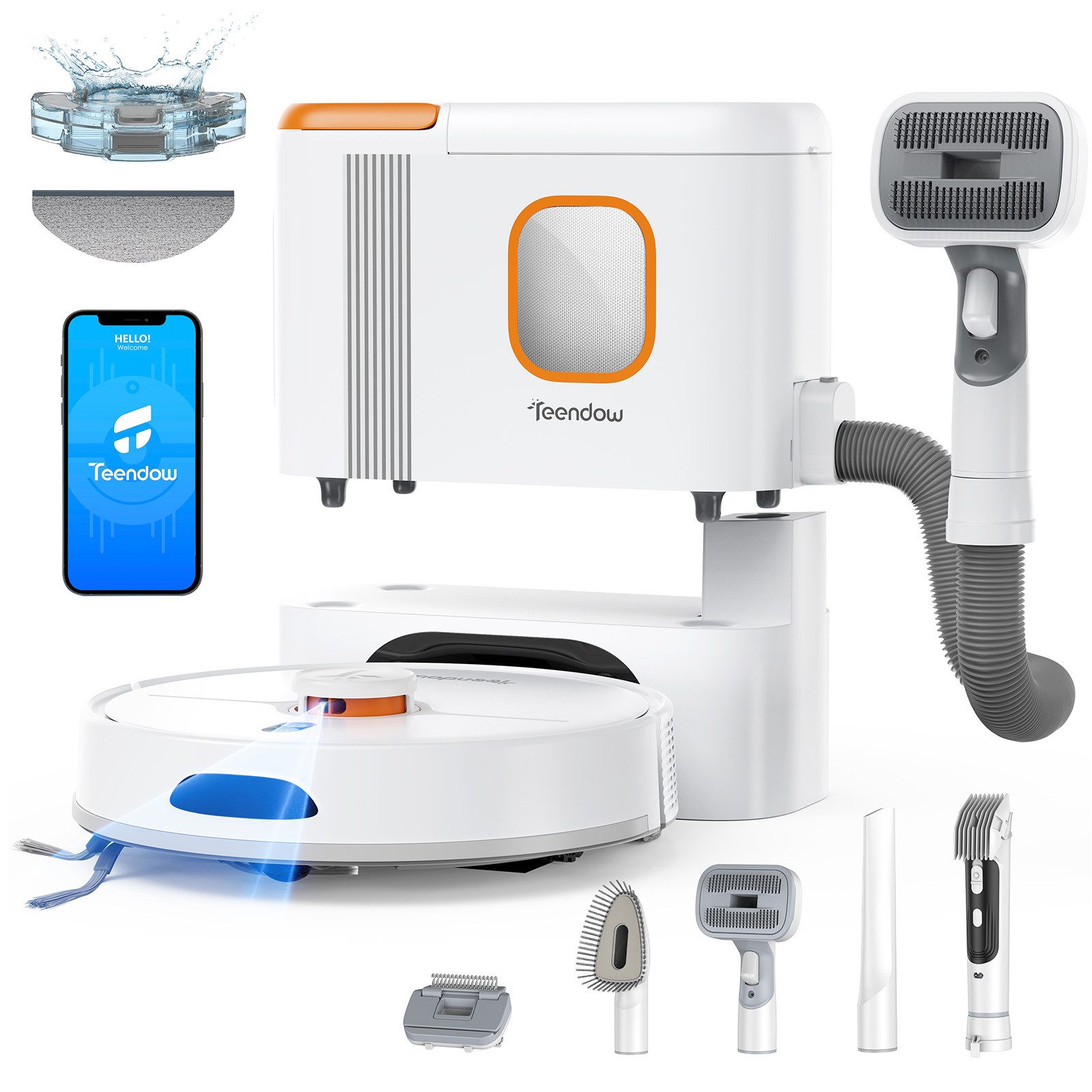 Teendow Saugroboter 8000Pa Saugroboter mit Wischfunktion & Selbstreinigung Tierhaare, 850 W, mit Beutel, Mit Haarschneidemaschine für die Haustierpflege,70 Tage,240min,3L