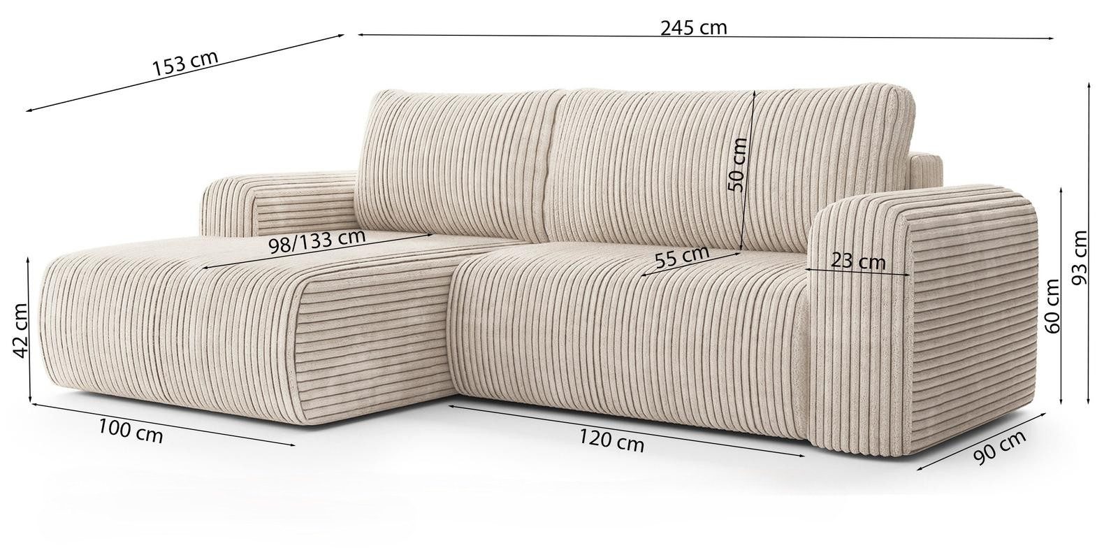 VIVENTE Möbel Ecksofa BERI in breitem CORD Stoff mit Schlaffunktion u. Bettkasten, mit Bettkasten