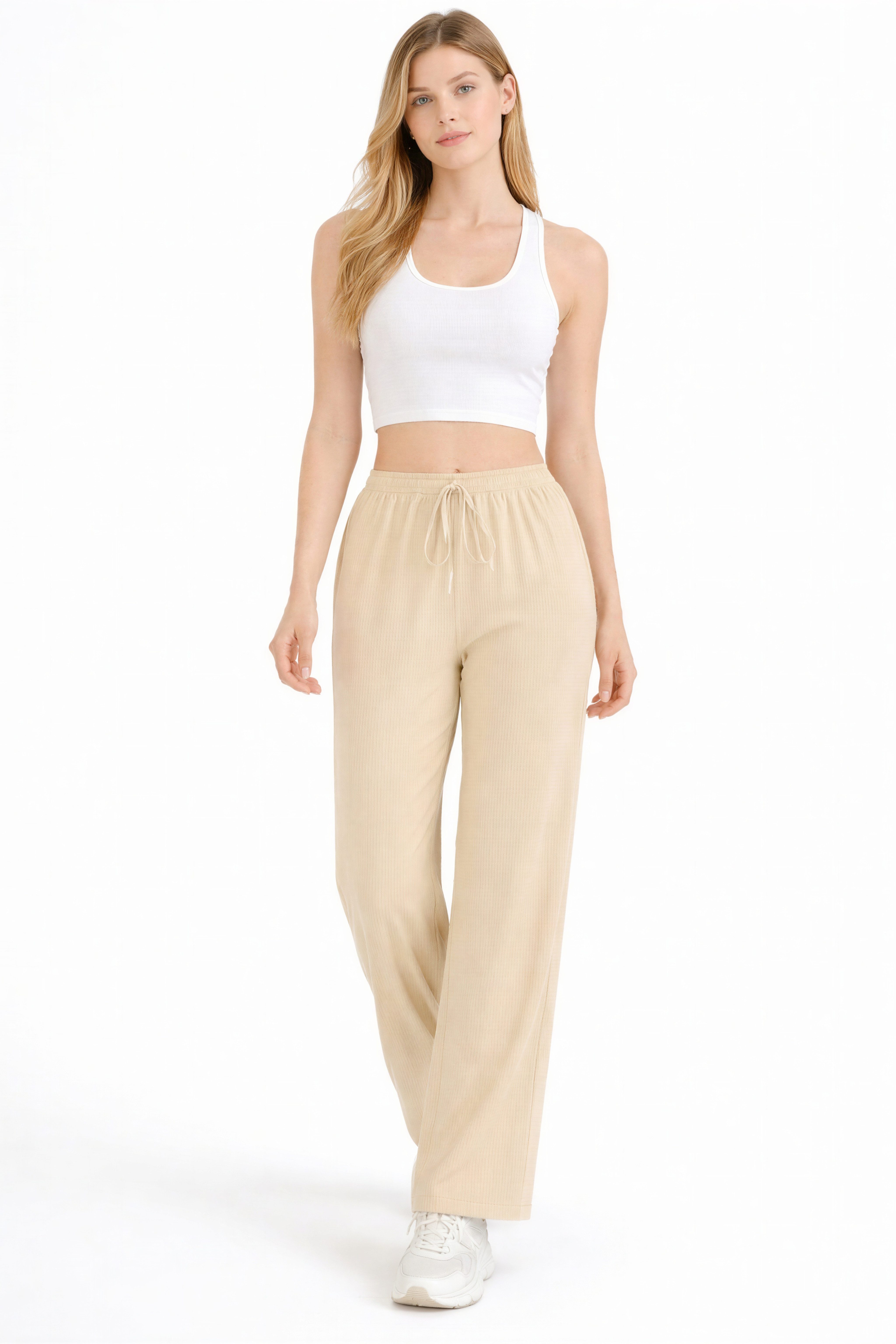 fashionshowcase Palazzohose Damen Crinkle Stoffhose elastischer Bund Tunnelzug weites Bein hoher Bund, elastischer Tunnelzug