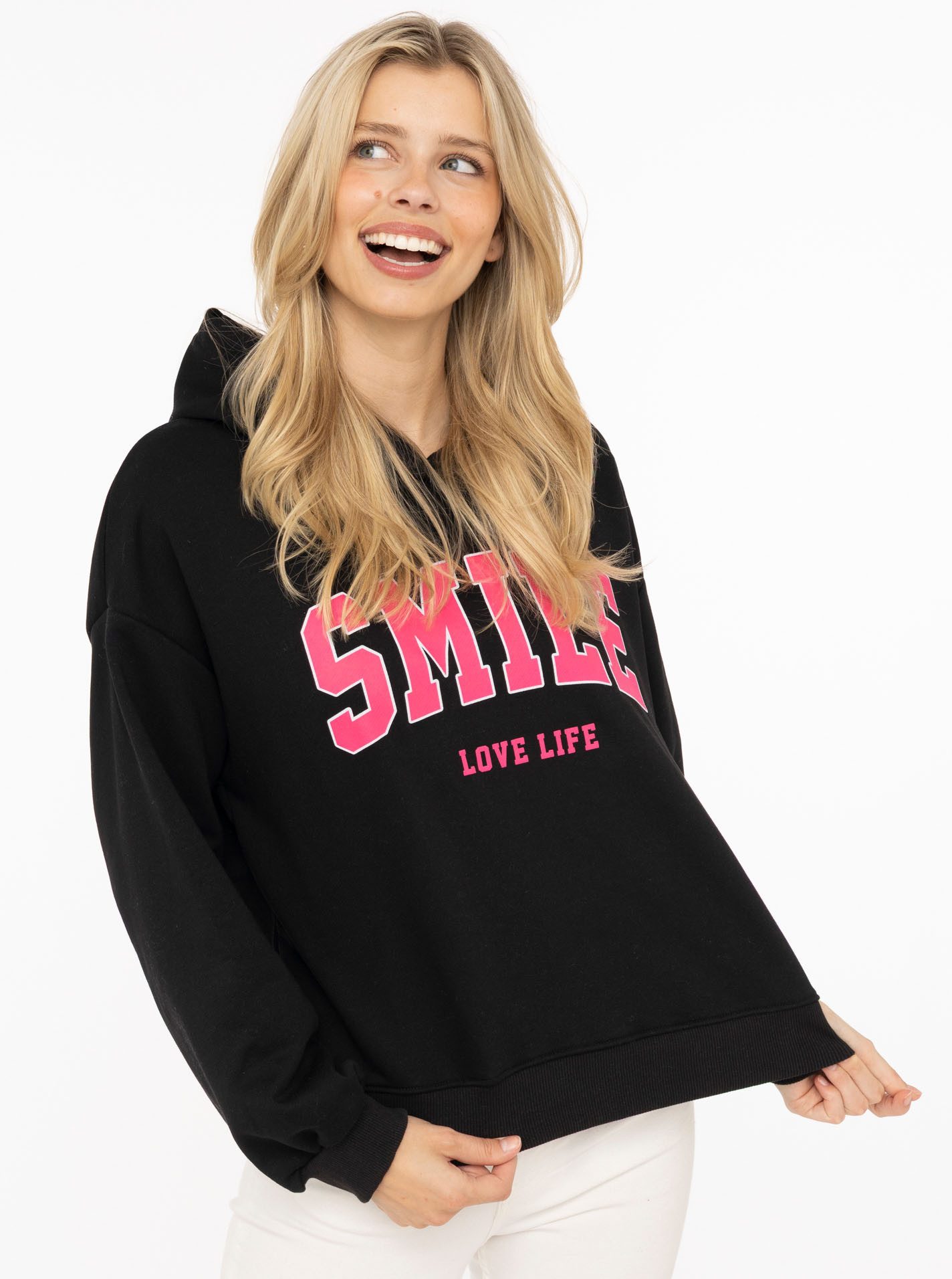 Zwillingsherz Hoodie "Smile" Kapuze, lange Ärmel, elastische Bündchen, großer Neon-Print