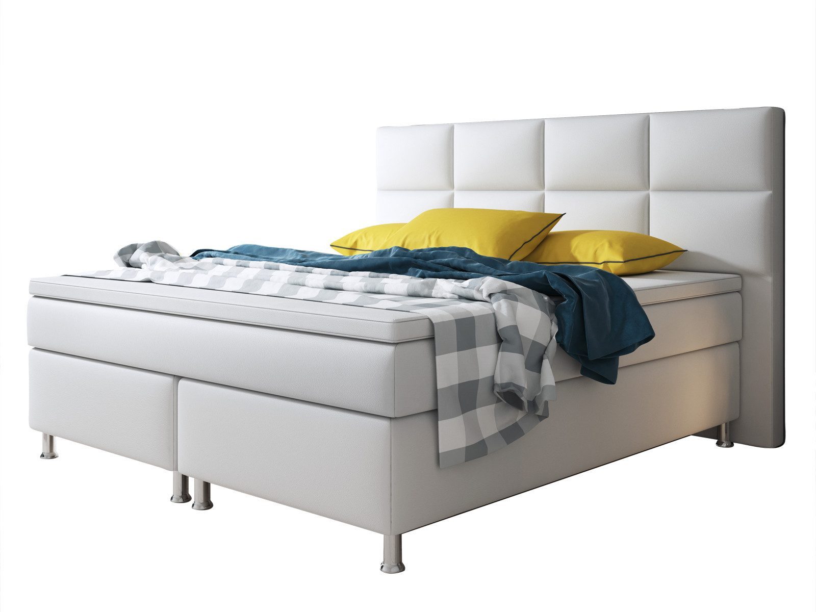 inter Boxspringbett Miami 180x200 cm Kunstleder mit 7-Zonen TFK und Topper (180x200 cm, Weiß mit 7 Zonen Taschenfederkernmatratzen und Topper), Boxspringbett, Hotelkomfort, Mit Topper, Tonnentaschenfederkern