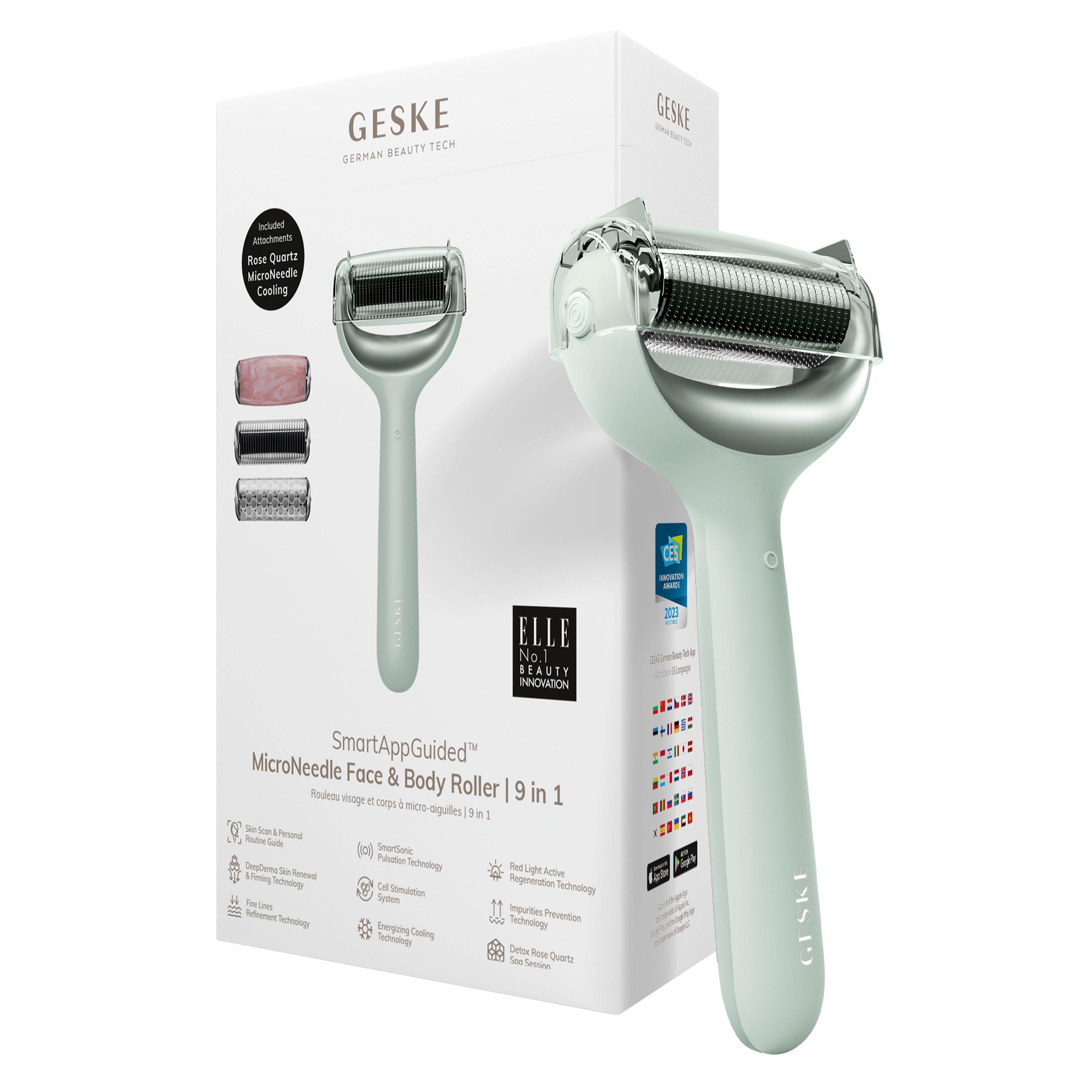 GESKE German Beauty Tech Micro-Needling SmartAppGuided™ MicroNeedle Face & Body Roller 9 in 1, Packung (Gerät & USB-Ladekabel), 5-tlg., Gerät inkl. kostenloser APP (SmartAppGuided Device), Mit der GESKE App erhältst Du deine personalisierte Hautpflegeroutine. Green