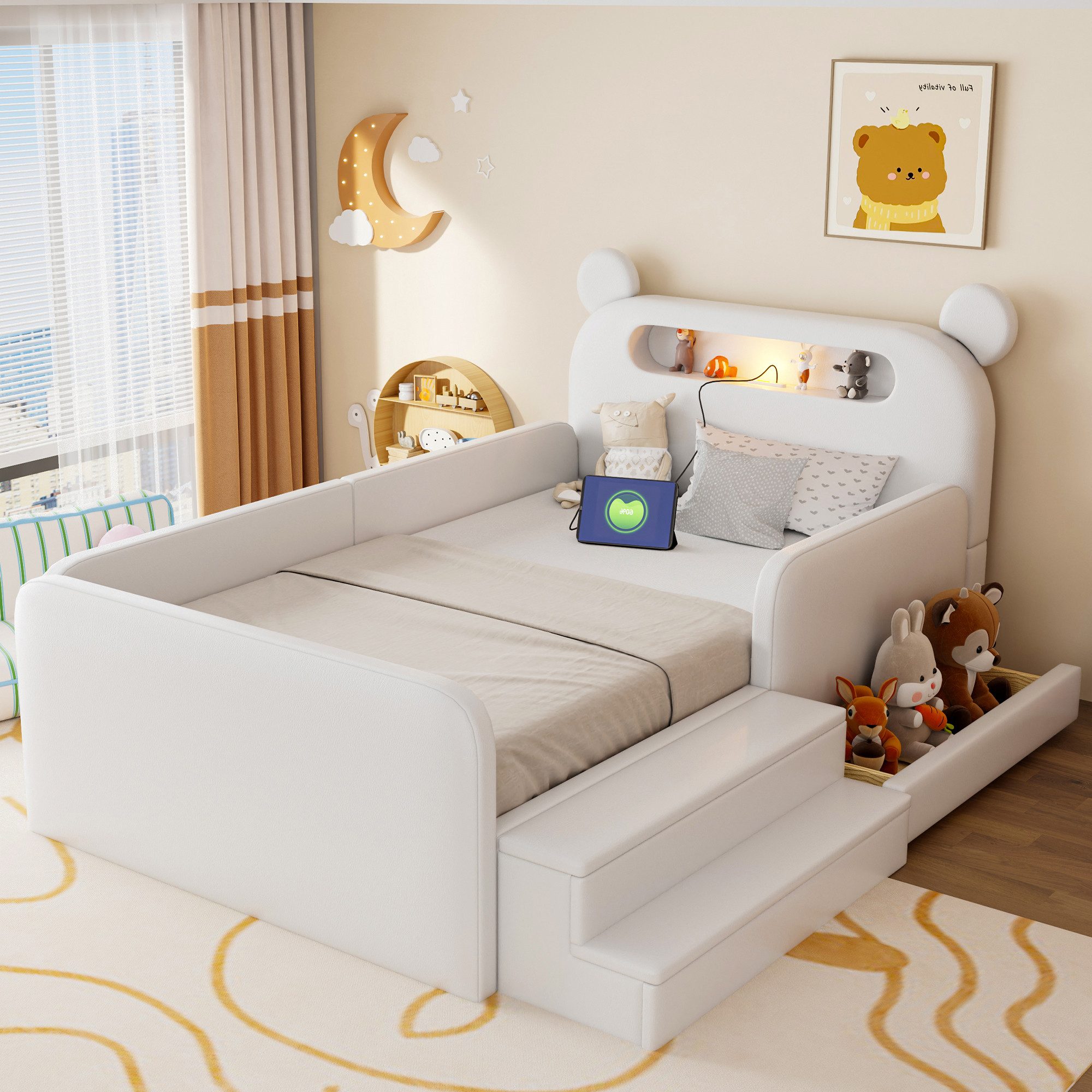Odikalo Kinderbett 90×200 Einzelbett Jugendbett Doppelbett 140×200 Weiß Mit Lichtern (Kinder-Polsterbett mit Bären-Kopfteil USB-Ladeanschluss integriertem Stauraum und Stufensitz–sicher und praktisch geeignet für Jungen und Mädchen Kunstlederbezug Ohne Matratze)