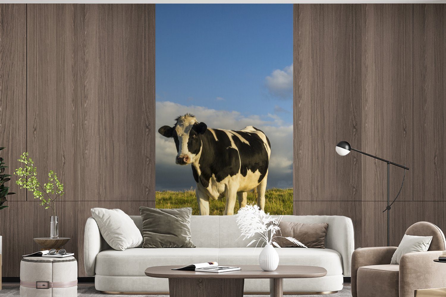 Fototapete - St), Schwarz Kuh - bedruckt, Wohnzimmer Vliestapete Matt, Gras, (2 für MuchoWow Fototapete - Schlafzimmer Küche, Weiß