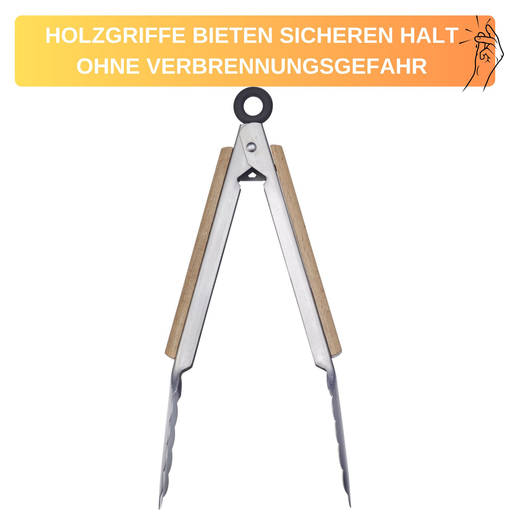 Thiru Grillzange mit Edelstahllaffen, gummierten Griffen und Aufhängeöse, abgerundete Laffen