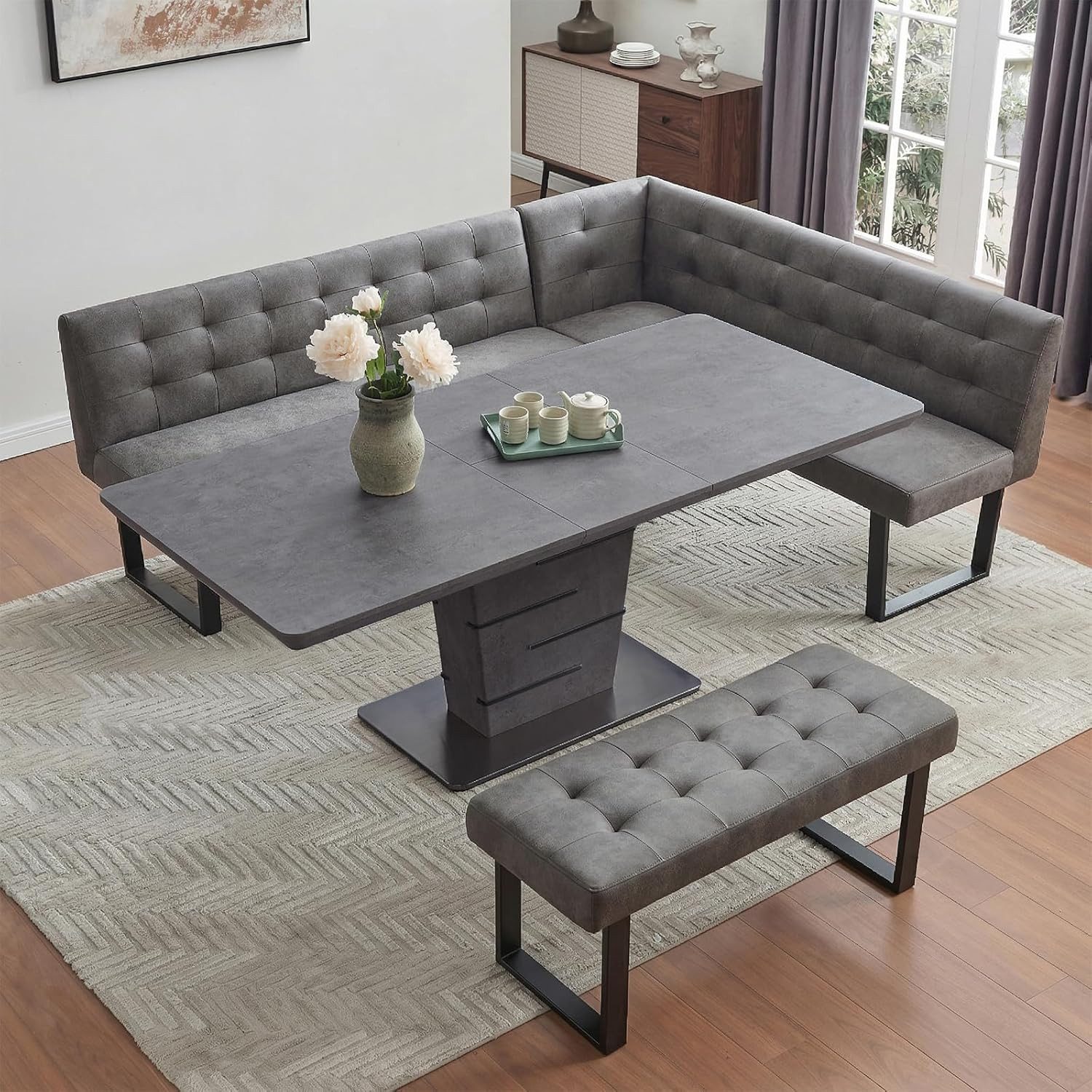 Jiexi Eckbank Ecksofa mit ausziehbarem Esstisch und Bank 228cm dickes Sitzkissen