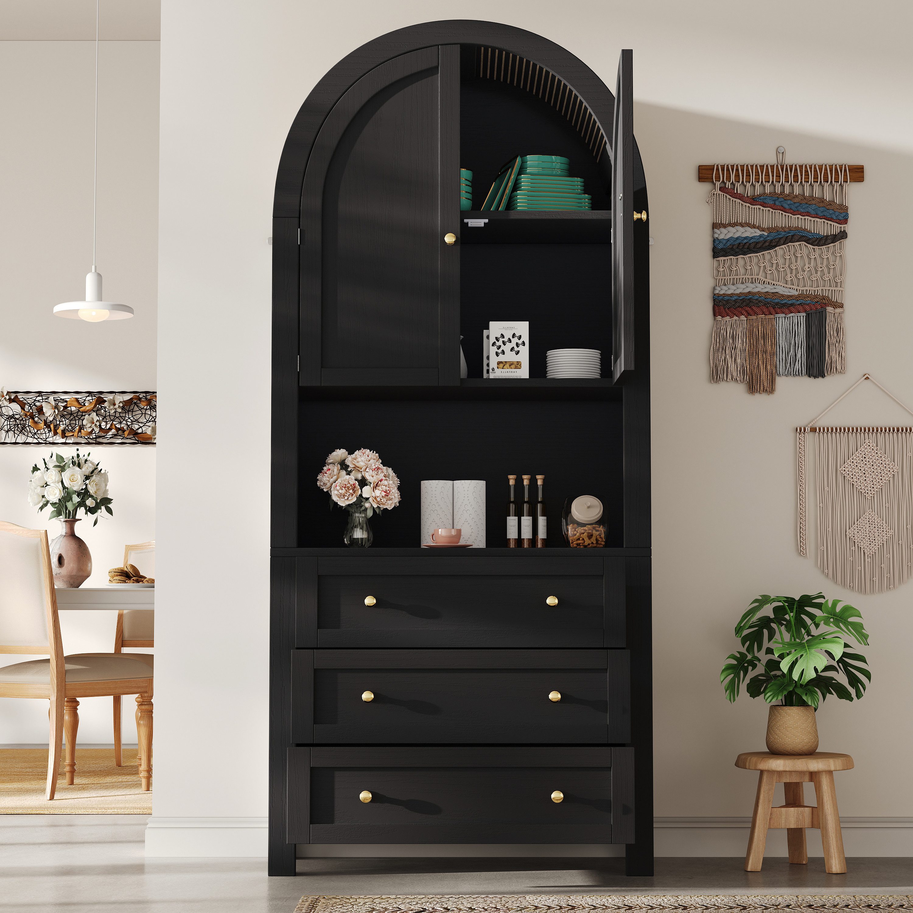 Flieks Mehrzweckschrank Bogen-Hochschrank mit Schubladen und Bogentüren (für Schlafzimmer, Wohnzimmer, Flur, Esszimmer und Arbeitszimmer, 1-St., B70/T35/H180 cm) Vitrine Highboard Aufbewahrungsschrank Schwarz, Höhe ca. 180 cm
