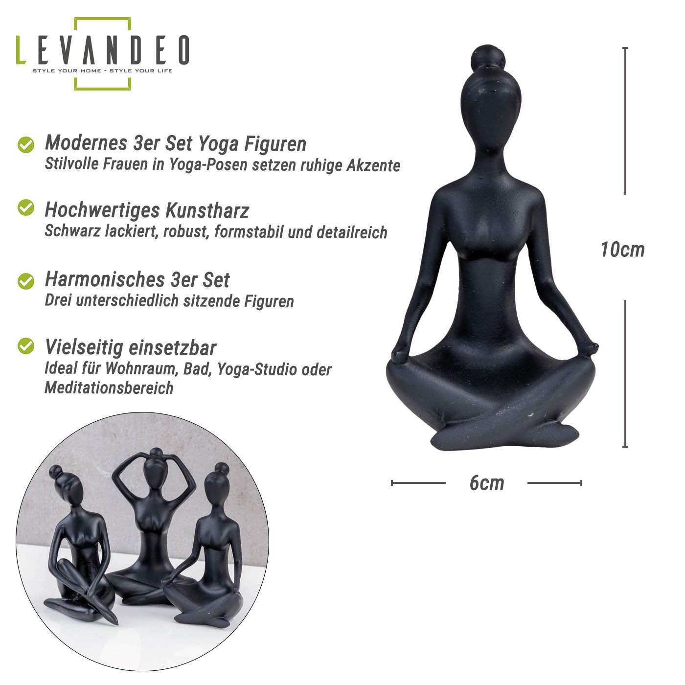 Levandeo® Dekofigur, 3er Set Yoga Deko Frau Figur Schwarz Dekofigur Yogapose Geschenk