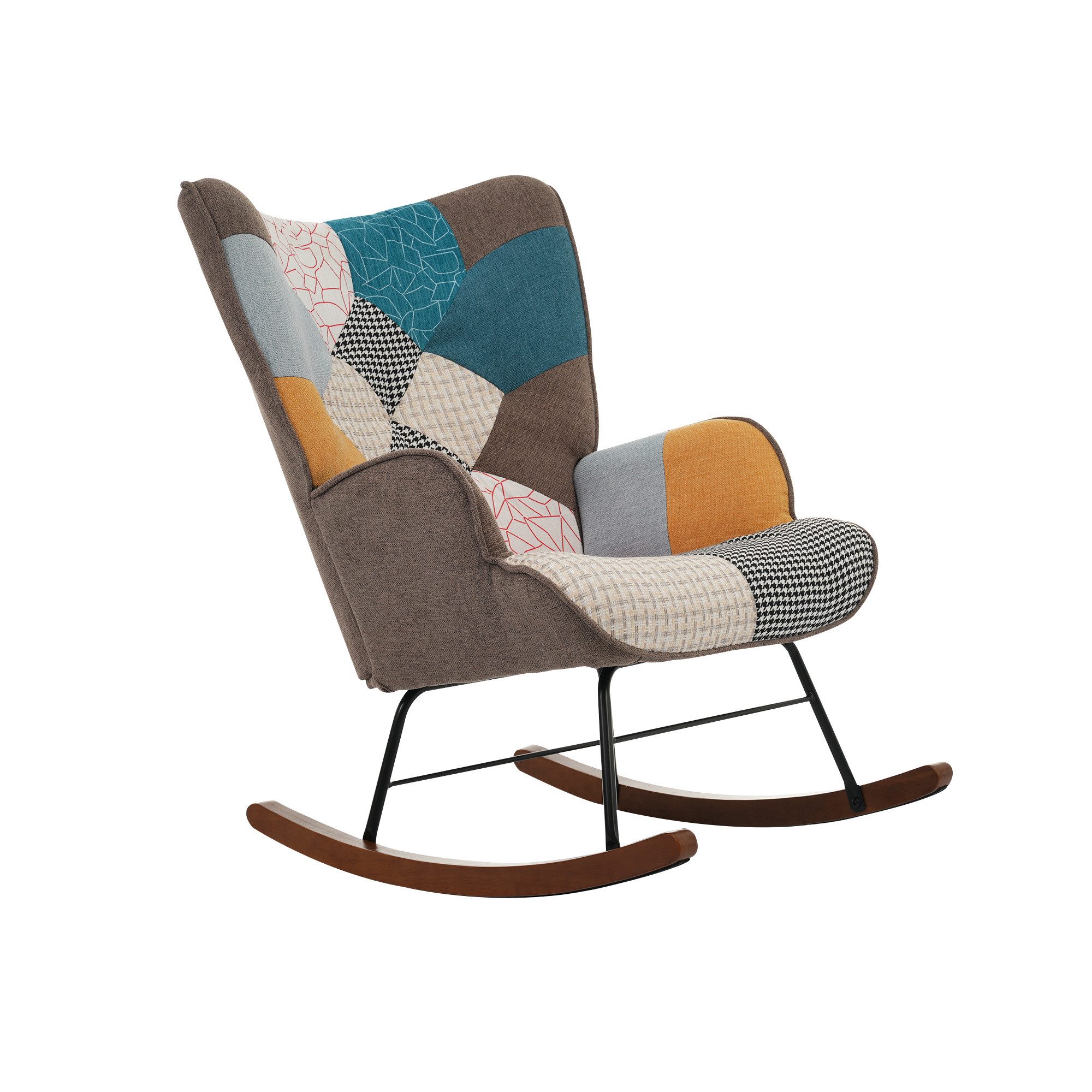 Totnz Schaukelstuhl Freizeitstuhl Loungesessel mit Fußstütze für Schlafzimmer Wohnzimmer (Farbenfrohes Patchwork für lebendige Atmosphäre), robuste Füße aus Holz und Eisen