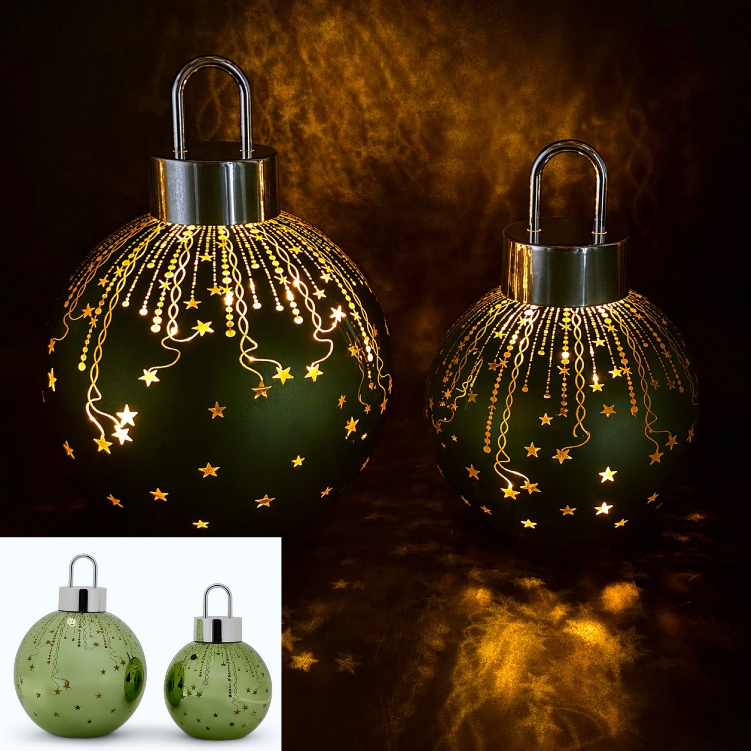 Online-Fuchs LED-Dekofigur 2 Weihnachtskugeln aus Glas mit LED-Lichterkette & Timer - Deko (ruhiges Leuchten oder Flackereffekt wählbar, Rot, Grün, Silber oder Champagner), Weihnachtsdeko für den Innenbereich