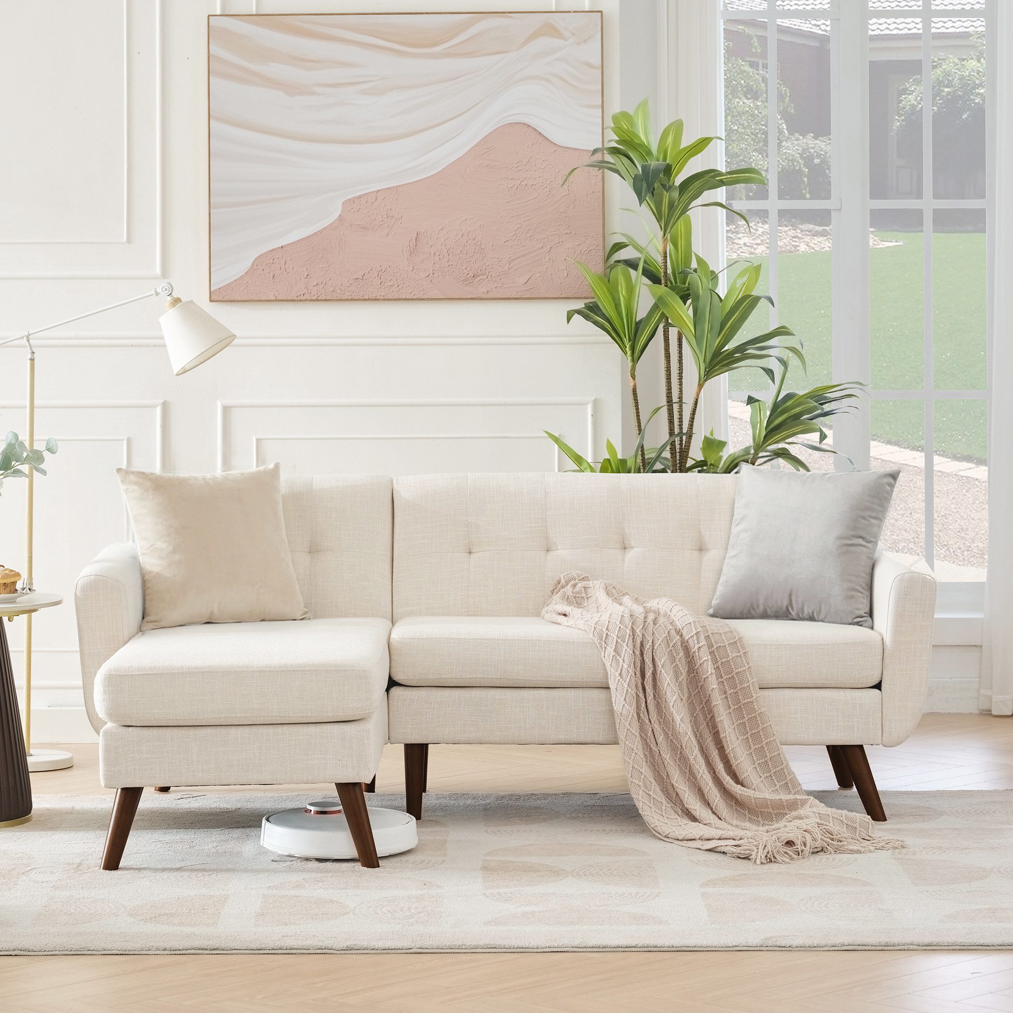 Kingfun Ecksofa 3-Sitzer L-Form aus Leinen, mit Knopfheftung & stabilen Holzfüßen, 1 Teile, 203 cm, mit Chaiselongue, 300 kg Belastbarkeit