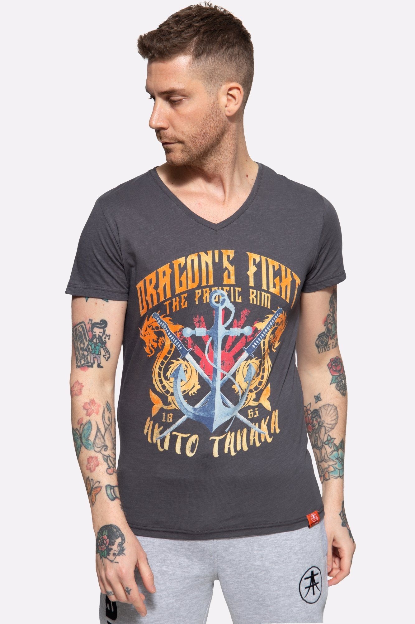 Akito Tanaka T-Shirt Dragon Anchor mit starkem Frontprint anthrazit