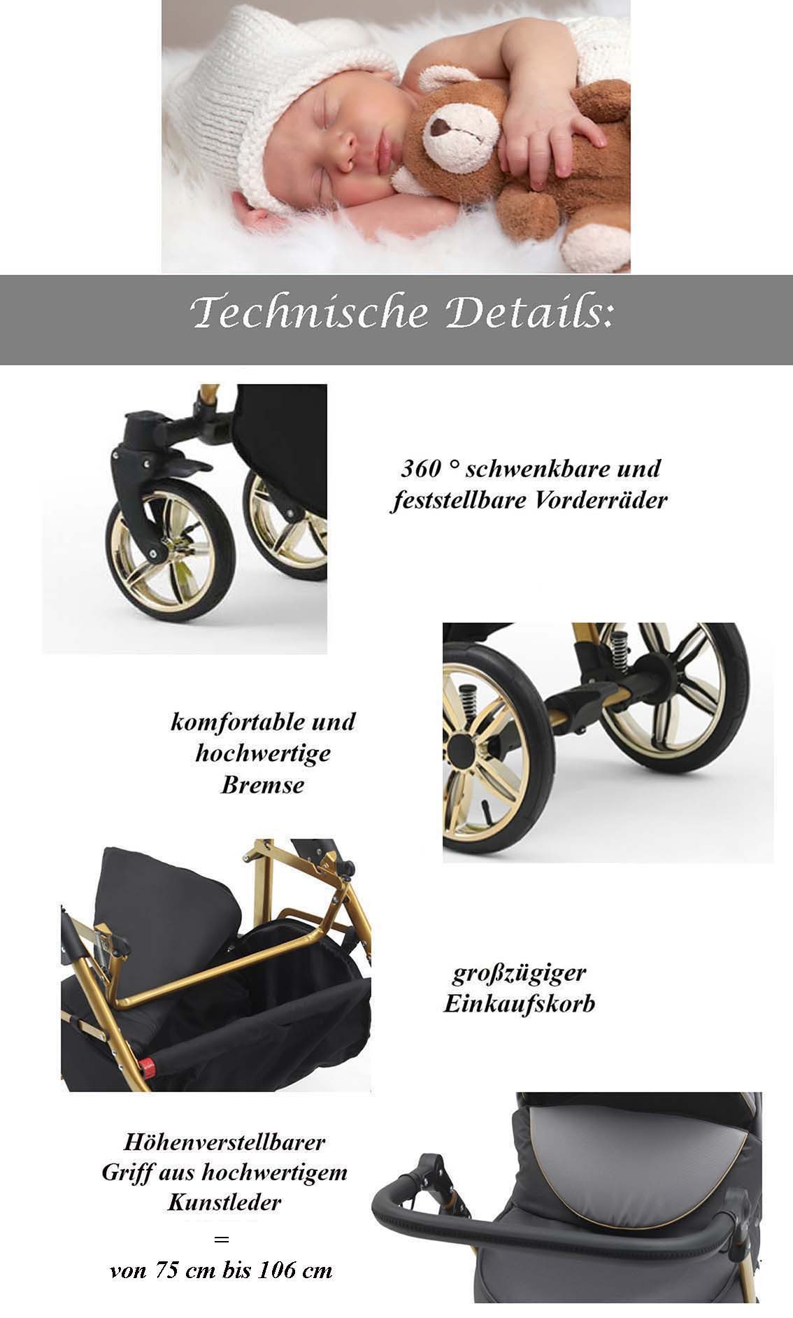 BabyMerc Kombi-Kinderwagen Neo Gold 5 in 1 inkl. Sportsitz, Autositz und Iso Base in 22 Farben