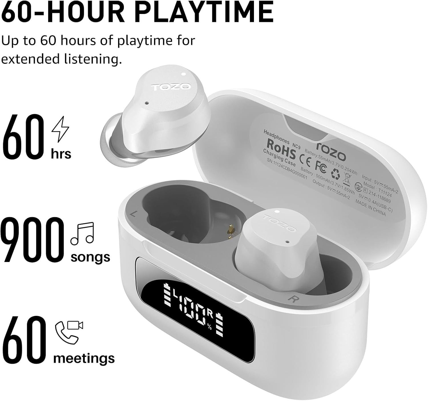 TOZO Bluetooth ANC 45dB Noise Cancelling, 60h Akku, IPX8 In-Ear-Kopfhörer (Android/iOS, Kabellose Audio mit 6 Mikrofonen ENC, Tiefbass, App EQ Modi)