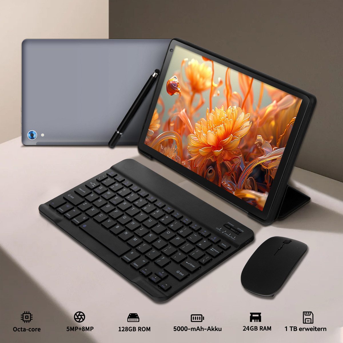 BUFO 10.1 Zoll Android, 4GB/6GB+128GB, 1280x800 HD, incl. Hülle Set Tablet (10", 128 GB, Android 15, Octa core mit Tastatur, Stift, Maus, Hülle, Kopfhörer, WiFi 6 BT 5)