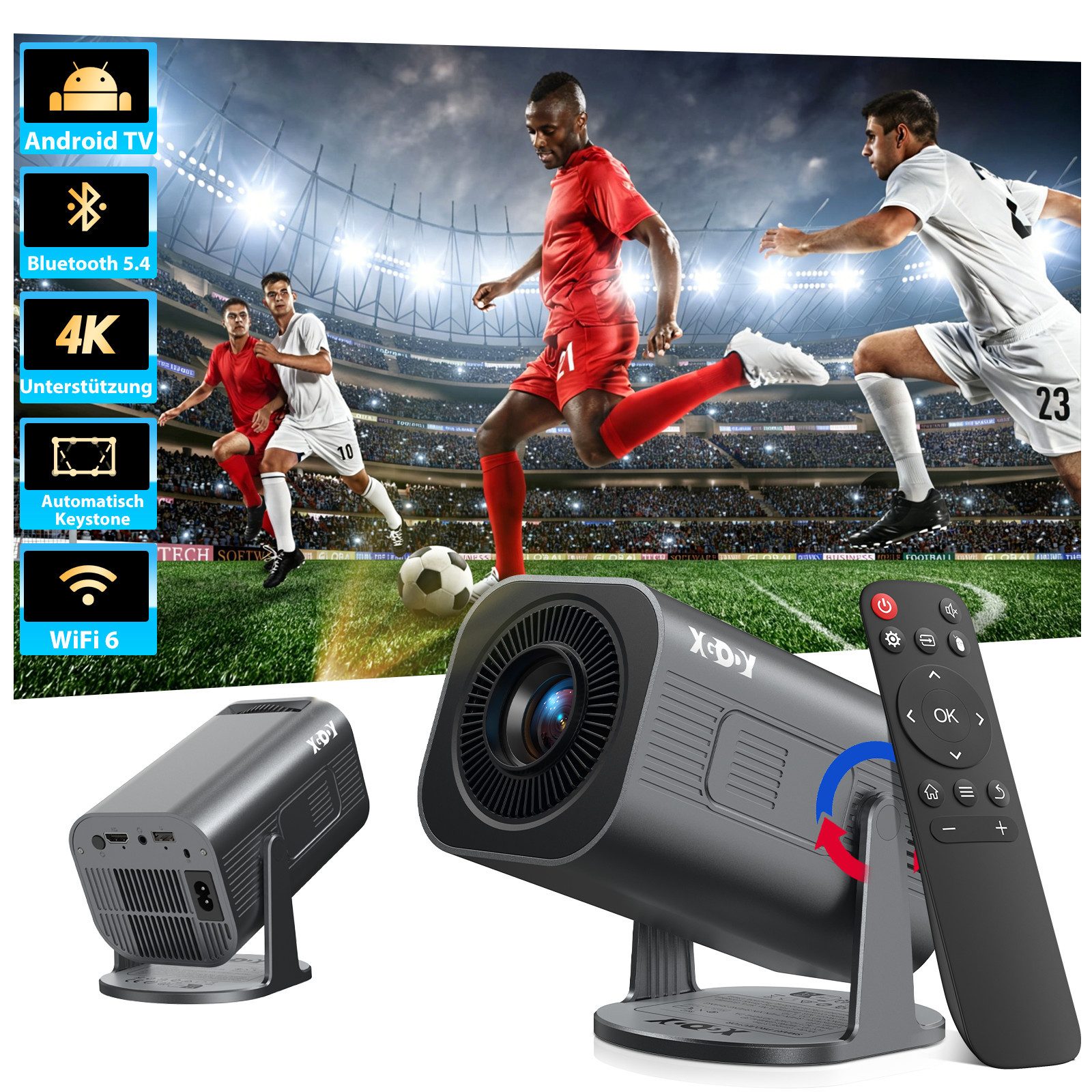 XGODY 2026 Neu Tragbarer Projektor Gimbal 3Pro 4K Android 11 Wifi6 BT 5.4 Mini-Beamer (12000 lm, 10000:1, 3840 x 2160 px, Android OS mit App-Store, Youtube, Netflix, Prime Video etc)