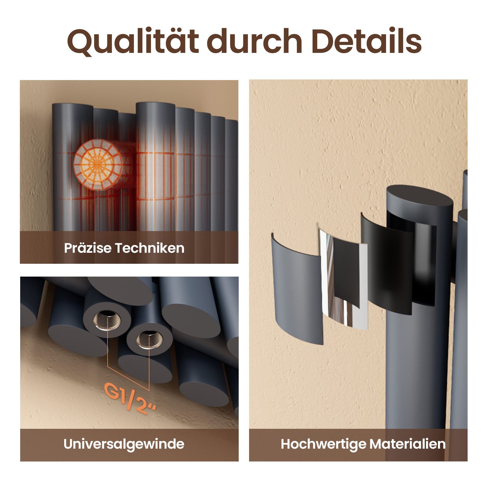 EMKE Heizkörper Design-Heizkörper Horizontal Heizung Ovales Rohr Hochleistung, 1828W Weiß / Anthrazit Horizontaler Seitenanschluss Doppellagig – Bild 4 von 5