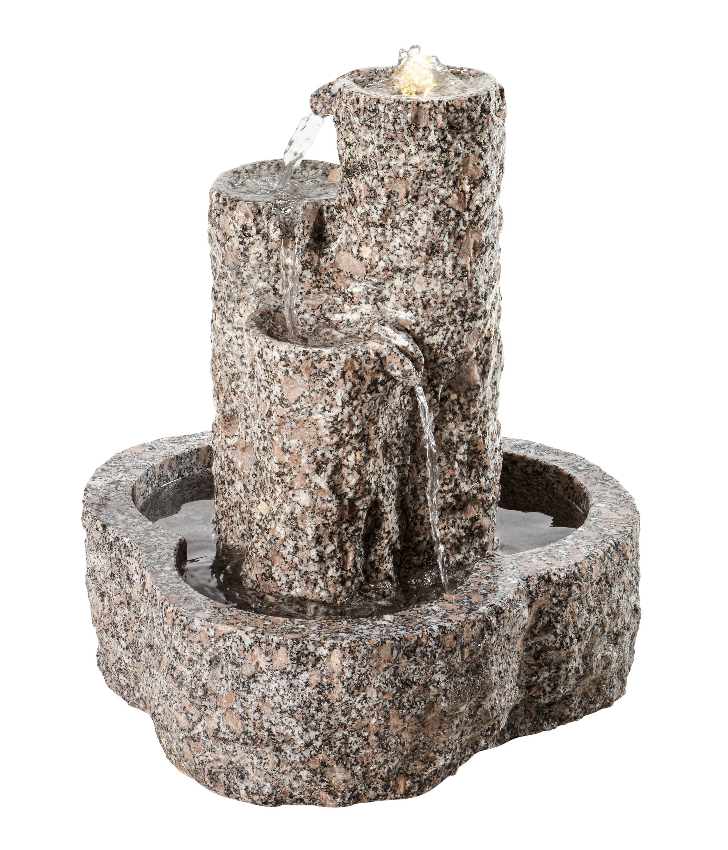 Dehner Gartenbrunnen Heidelberg mit LED, Ø 50 cm, Höhe 55 cm, Granit, rustikales Wasserspiel aus Granit mit Pumpe, Trafo und LED-Beleuchtung
