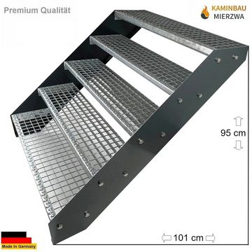 Kaminbau Mierzwa Außentreppe Premium Treppe Anthrazit Höhe Verstellbar, für Geschosshöhen bis 95 cm, Stufen Gitterroststufen nach DIN 24531, (Höhe 95 cm, Breite wählbar aus 60, 80, 100, 120, 140 cm), Gartentreppe Stahltreppe Wetterfest Rostfrei Feuer-Verzinkt Rutschfest