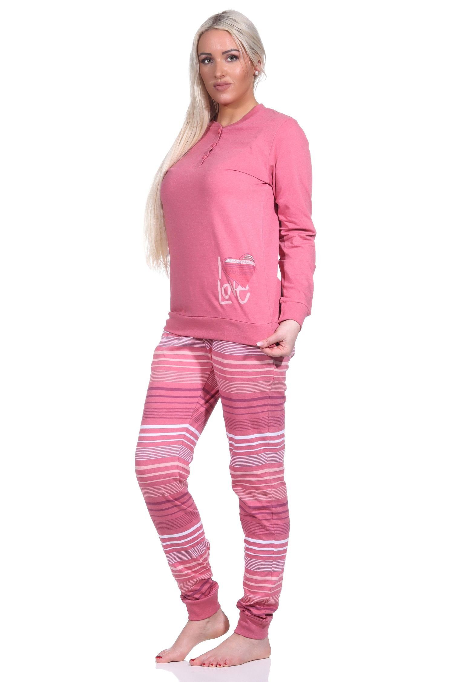 Normann Pyjama Bündchen Damen gestreifter mit altrose Hose und + Herzmotiv Pyjama