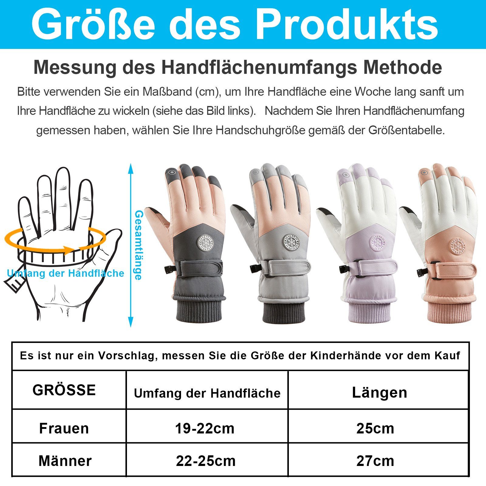 BTTO Baumwollhandschuhe Skihandschuhe Radfahren,Laufen,Bergsteigen,Wandern,Outdoor-Sportarten Geeignet Rosa Winddicht Herren Damen Anti-Rutsch Wasser-& zum Touchscreen Grau