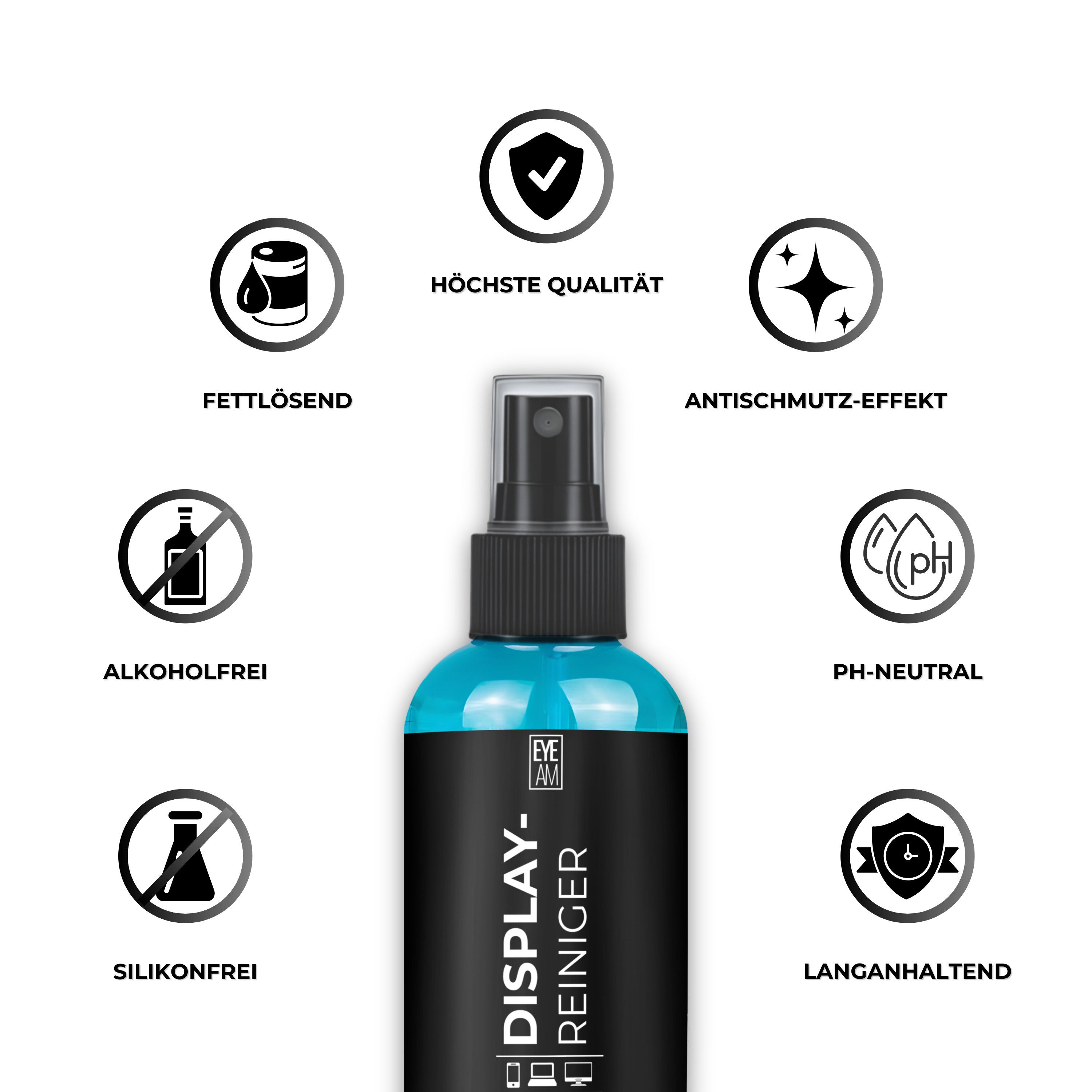 EyeAm Displayreiniger Set 2x150ml mit großem Mikrofasertuch 40x40 cm, Glasreiniger (1 Flasche für Zuhause, 1 für Büro oder Auto, Streifenfreies Reinigungsspray)