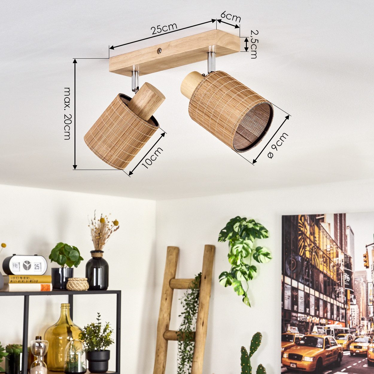 hofstein Deckenleuchte Deckenlampe aus Holz/Metall/Bambus in Naturfarben/Chromfarben/Braun, ohne Leuchtmittel, mit verstellbaren Strahlern, 2 x E14, ohne Leucht – Bild 4 von 5