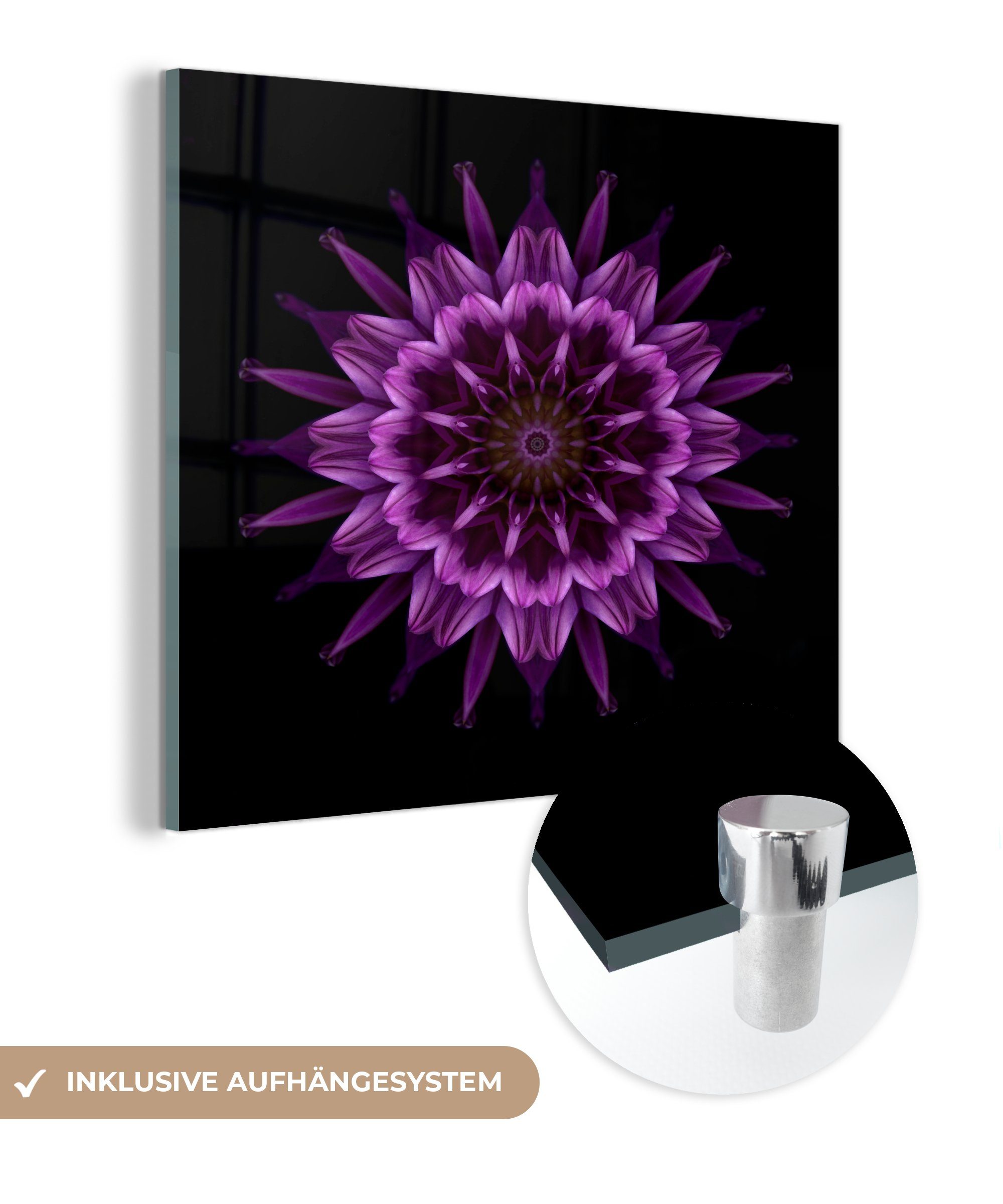 schwarzem (1 Dahlien-Mandala Lila auf Bilder - Wanddekoration MuchoWow Hintergrund, Glasbilder - Wandbild Acrylglasbild St), auf Glas - Foto auf Glas