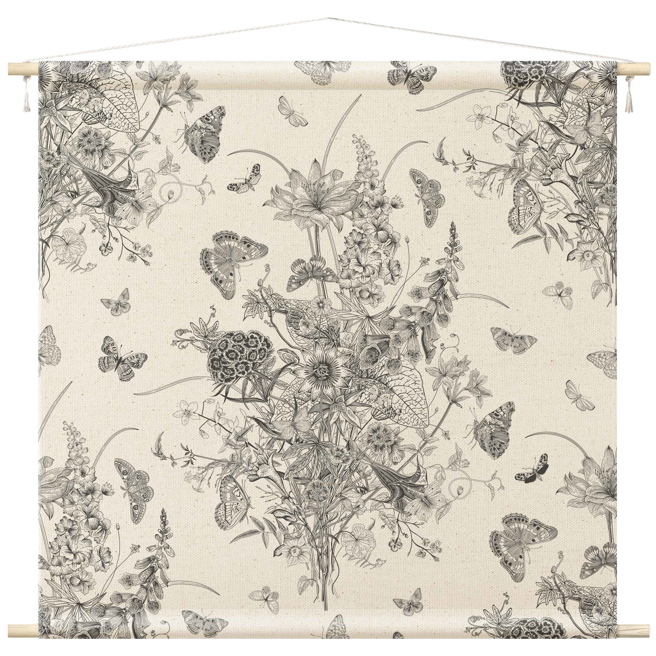 Bilderdepot24 Wandteppich modern Blumen Landhaus Tiere Schmetterlinge schwarz-weiß, quadratisch, Höhe: 2.6 mm, großes Wandbild aus Natur-Baumwolle Wandbehang Stoffbild Tuch Wollseil